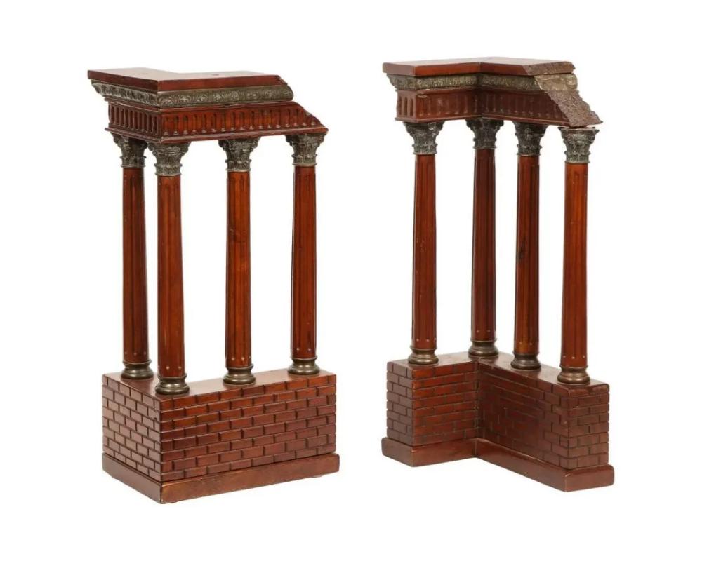 Pair of Italian Grand Tour Mahogany Wood & Bronze Roman Ruins Neoclassical Model For Sale 1