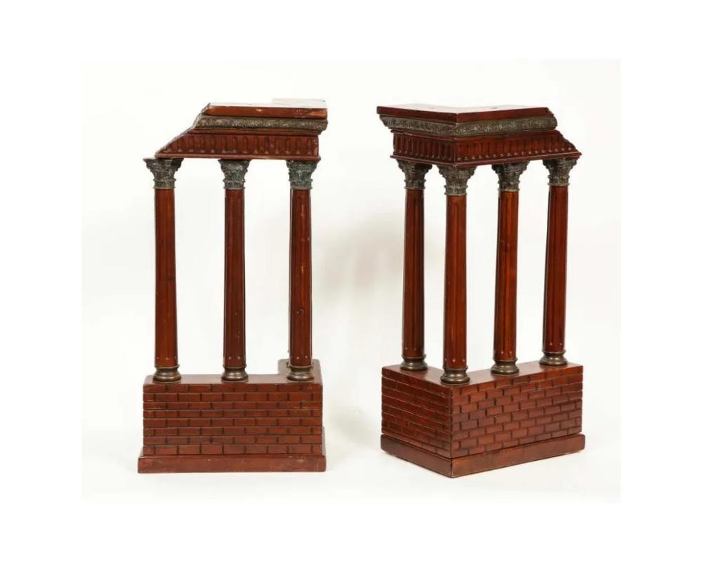 Pair of Italian Grand Tour Mahogany Wood & Bronze Roman Ruins Neoclassical Model For Sale 2