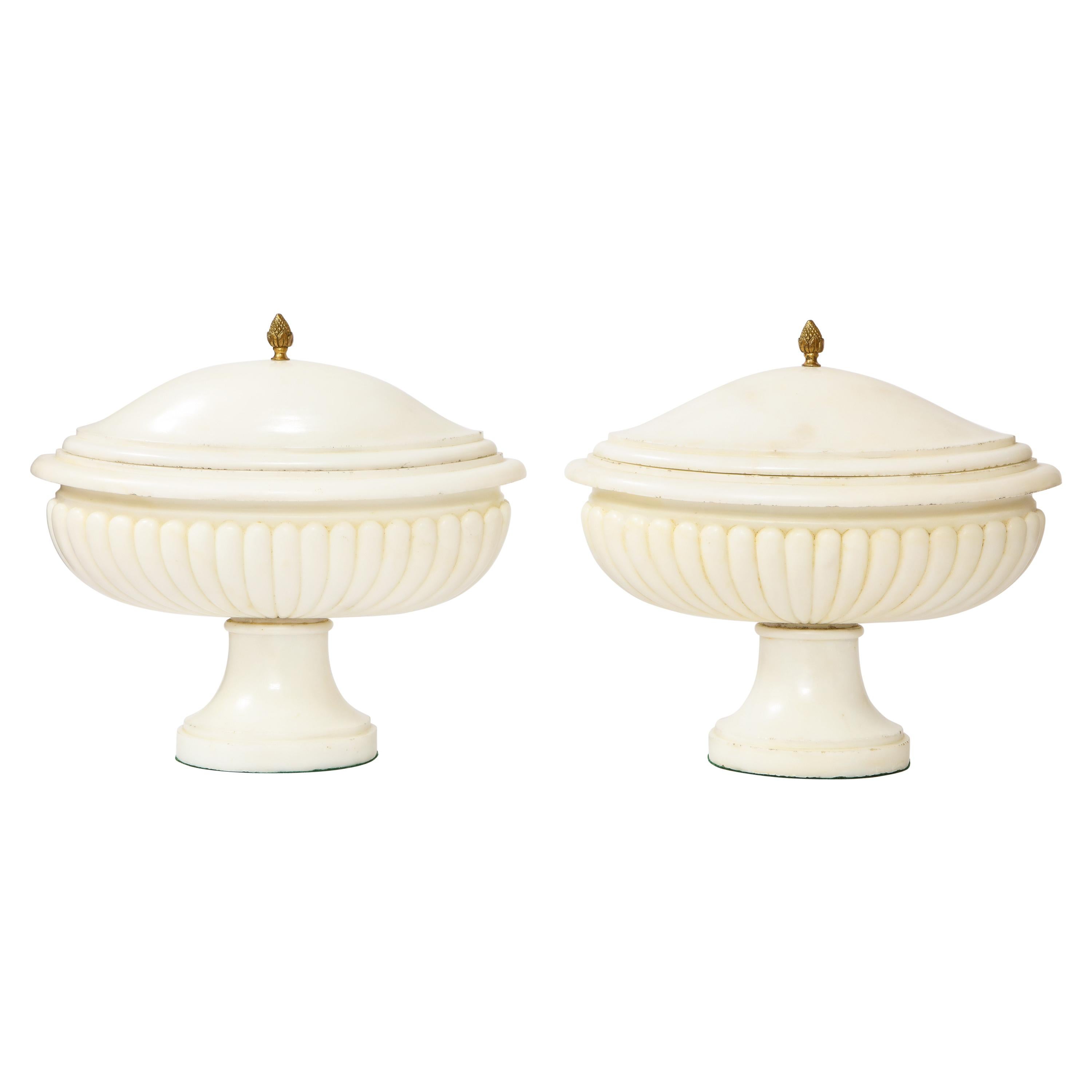 Pair of Italian Grand-Tour Neoclassical Hand-Carved Carrara Marble Covered Bowls