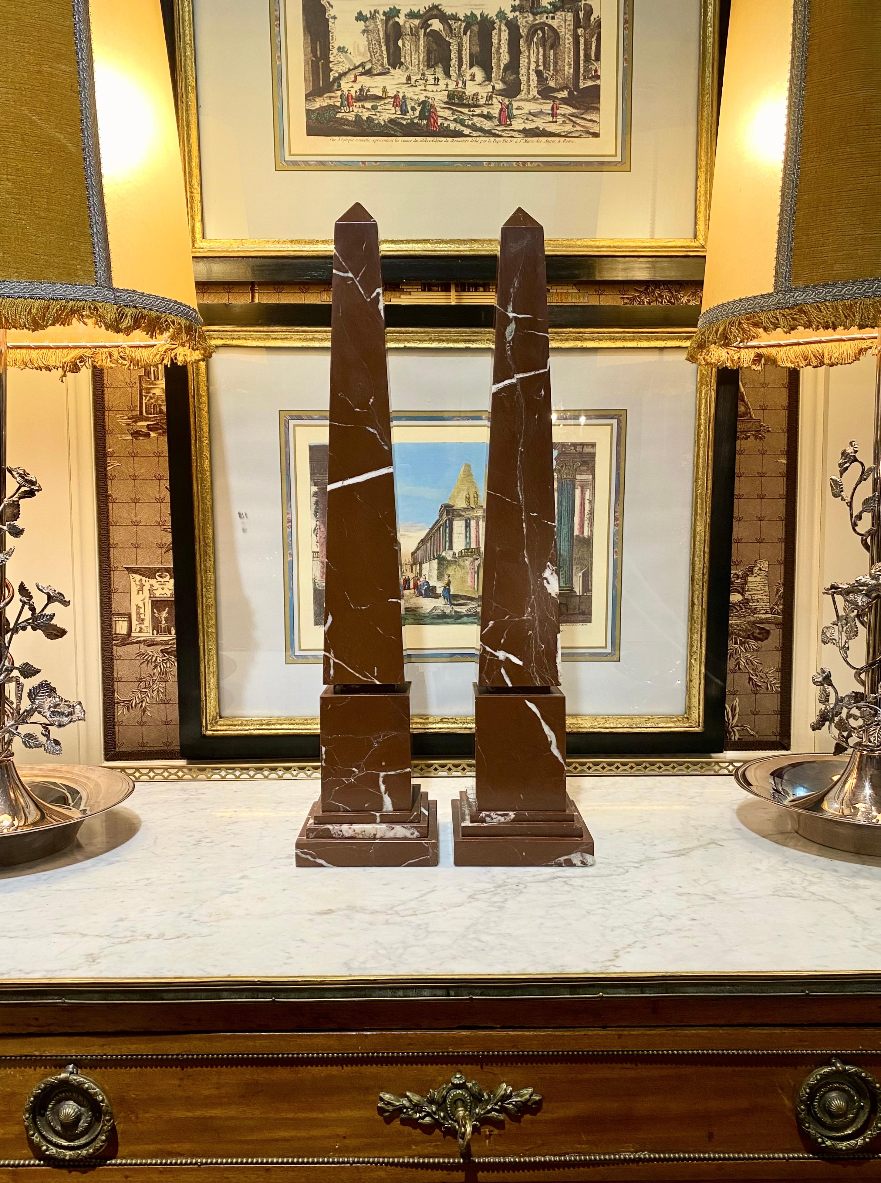 Pair of Italian Grand Tour Obelisks in Brown and White Marble 15