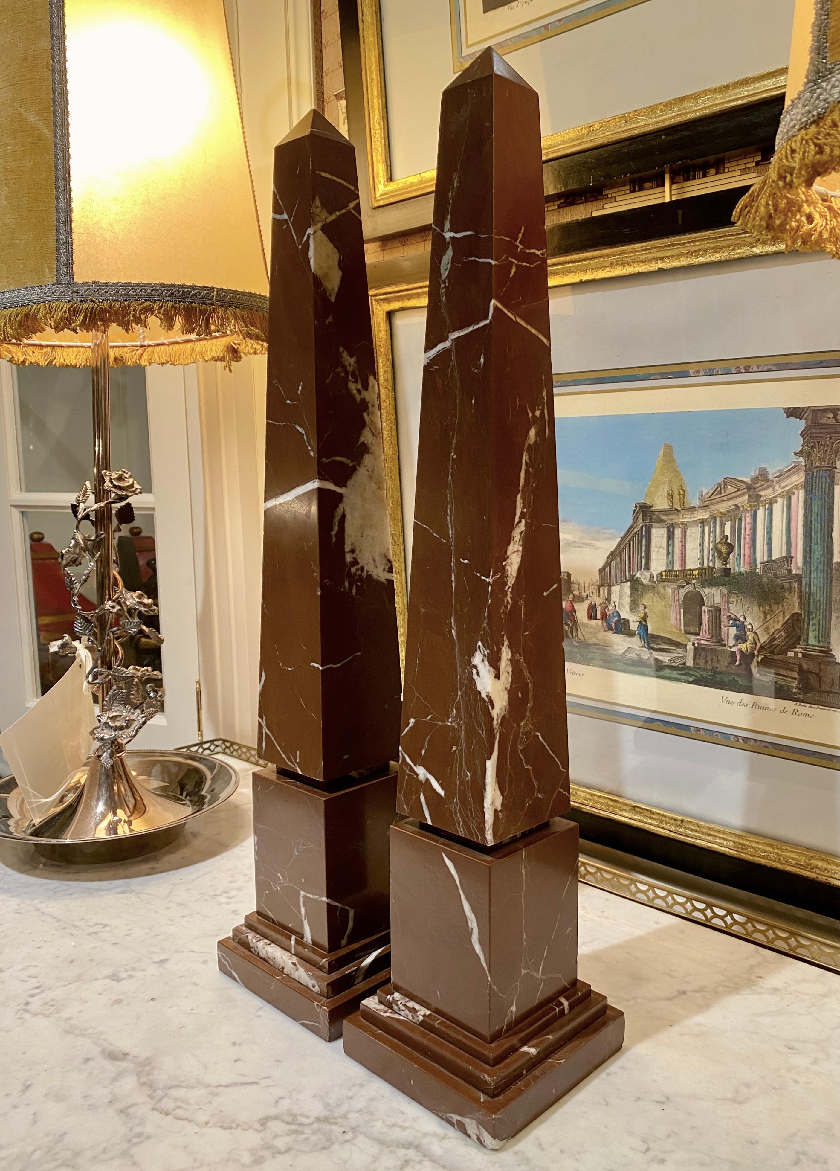 Pair of Italian Grand Tour Obelisks in Brown and White Marble 3