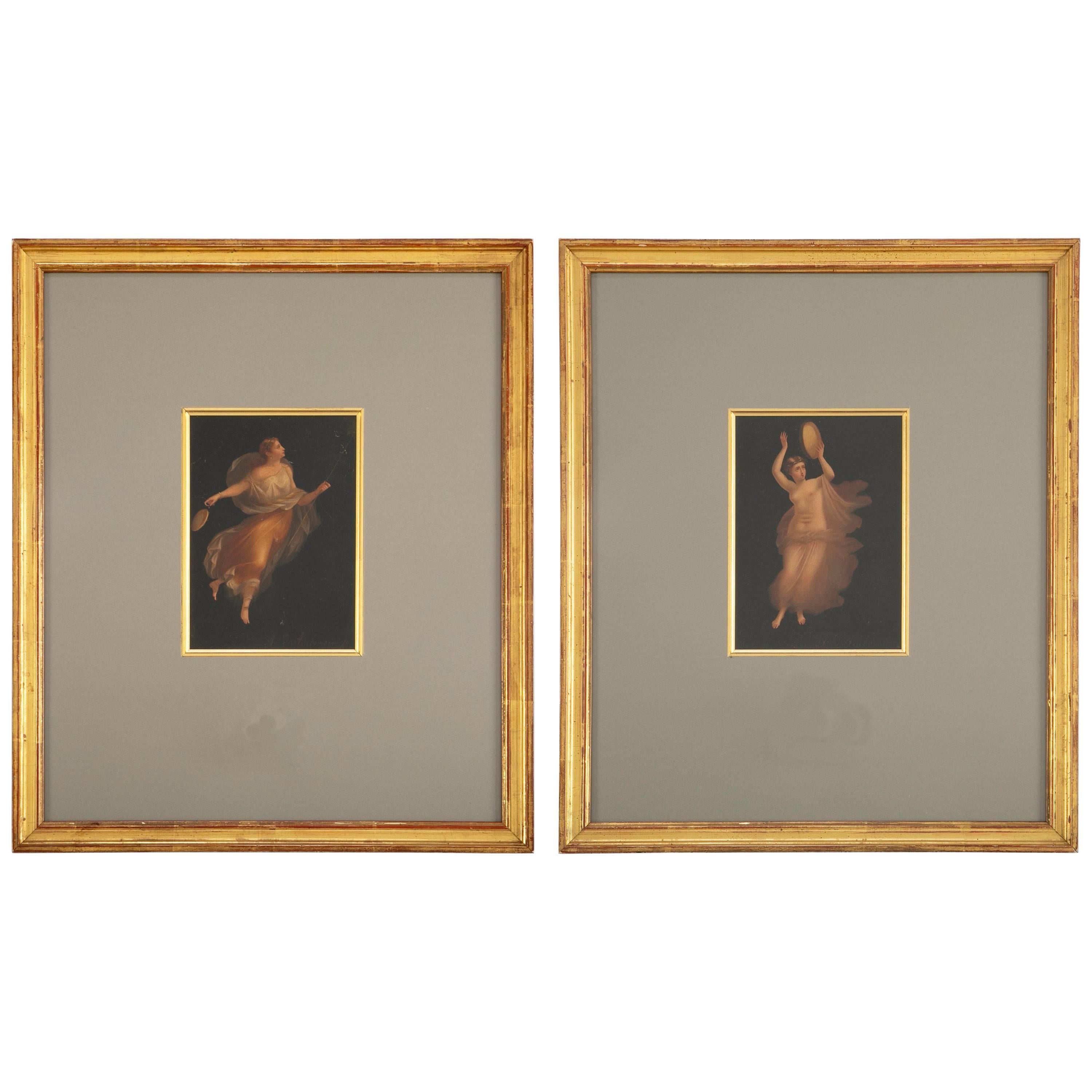 Pair of Italian Grand Tour Paintings of Maenads, After Pompeii, Signed