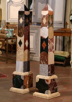 Pair of Vintage Italian Grand Tour Specimen Carved Variegated Marble Obelisks