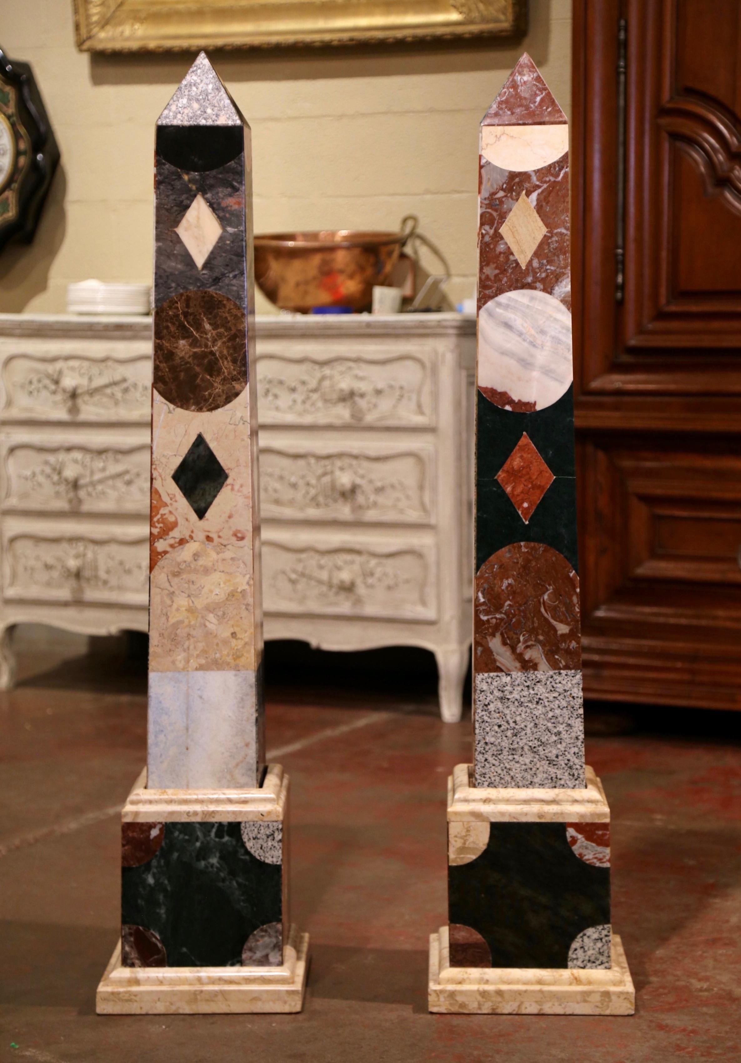 Empire Pair of Vintage Italian Grand Tour Specimen Carved Variegated Marble Obelisks 