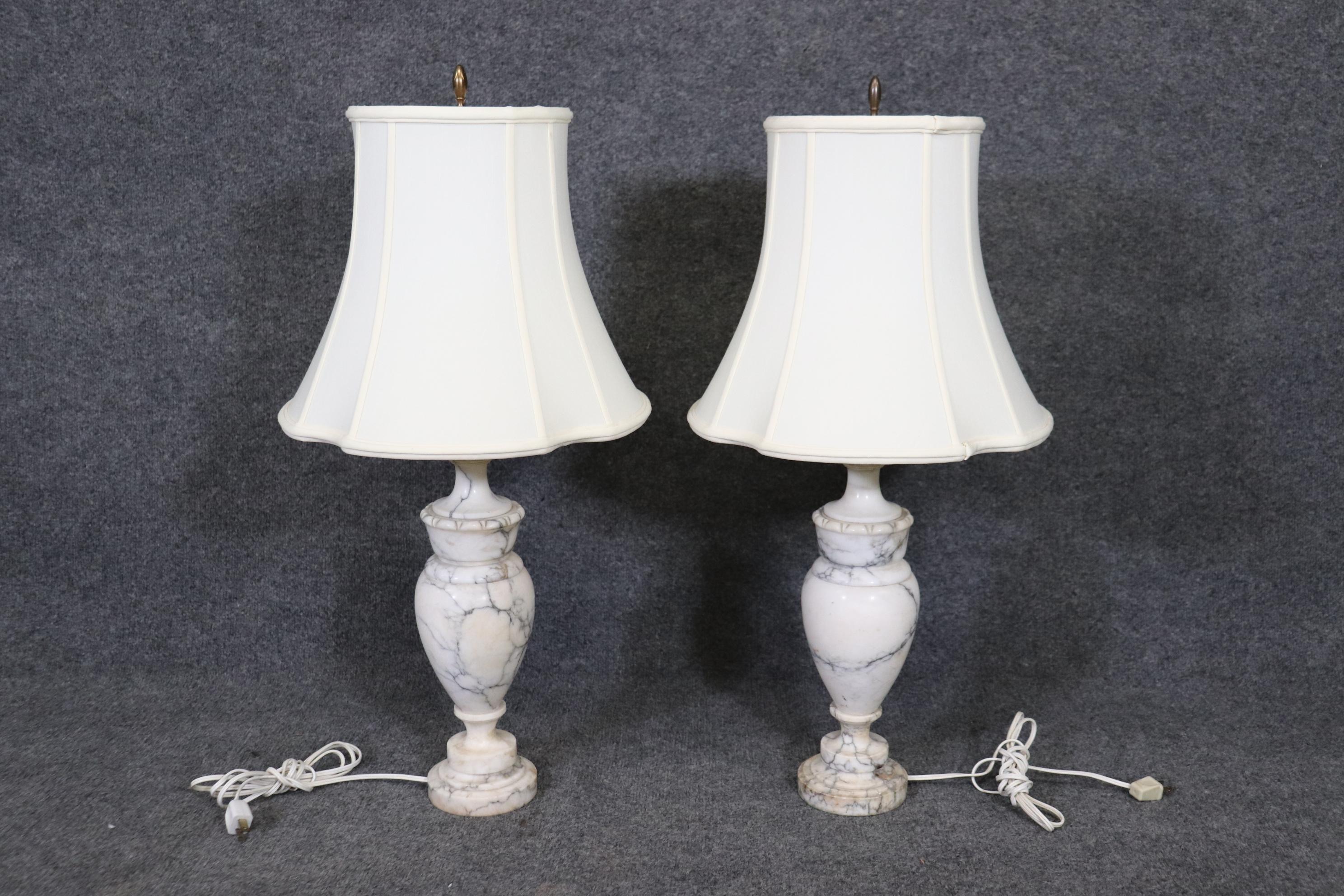 Dimensions: H: 29 1/4in W: 4 3/4in D: 4 3/4in 
Shade Dimension: W: 16 1/4in D: 14in 
This Pair of Italian Grand Tour Style Carrara Marble Table Lamps are truly made if the highest quality! This pair is made of Carrara Marble which is a super rare