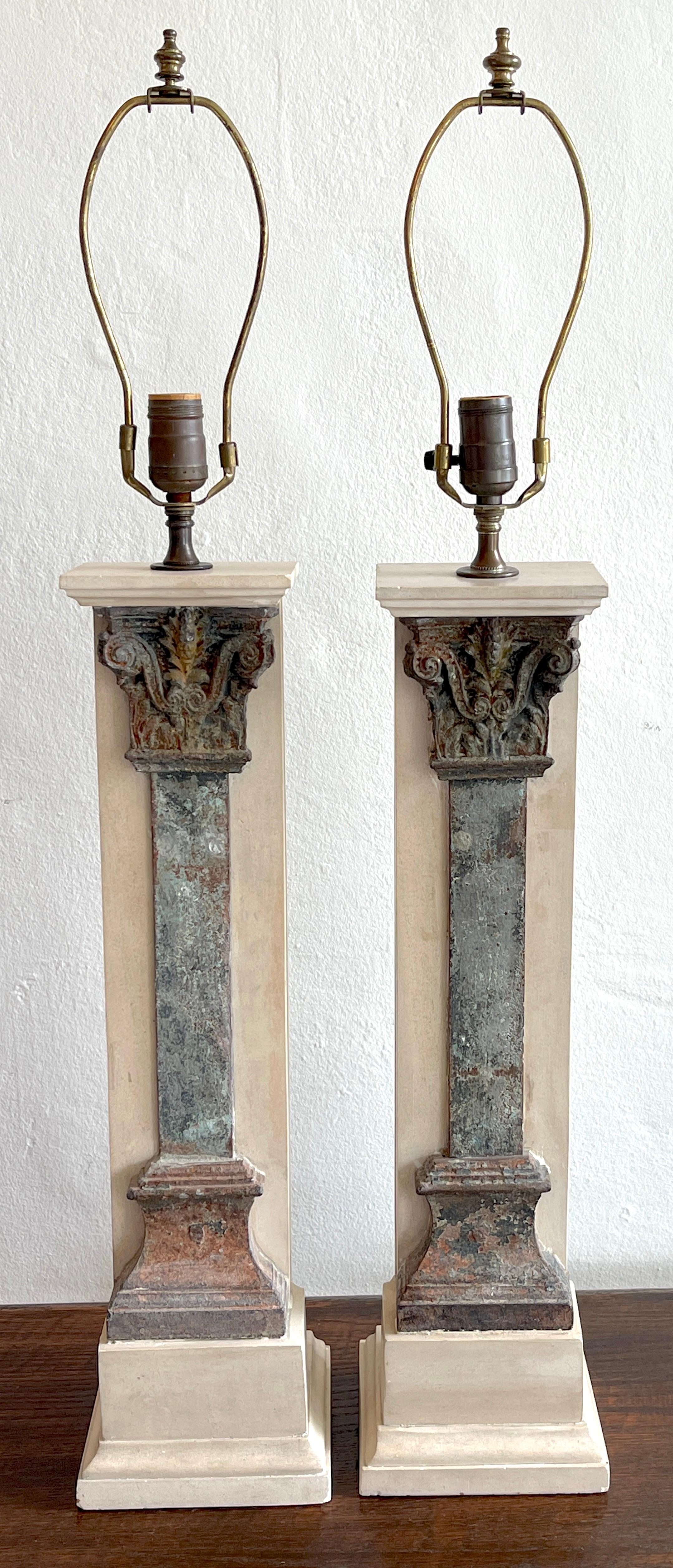 Patinated Pair of Italian Grand Tour Style Marble & Column Lamps