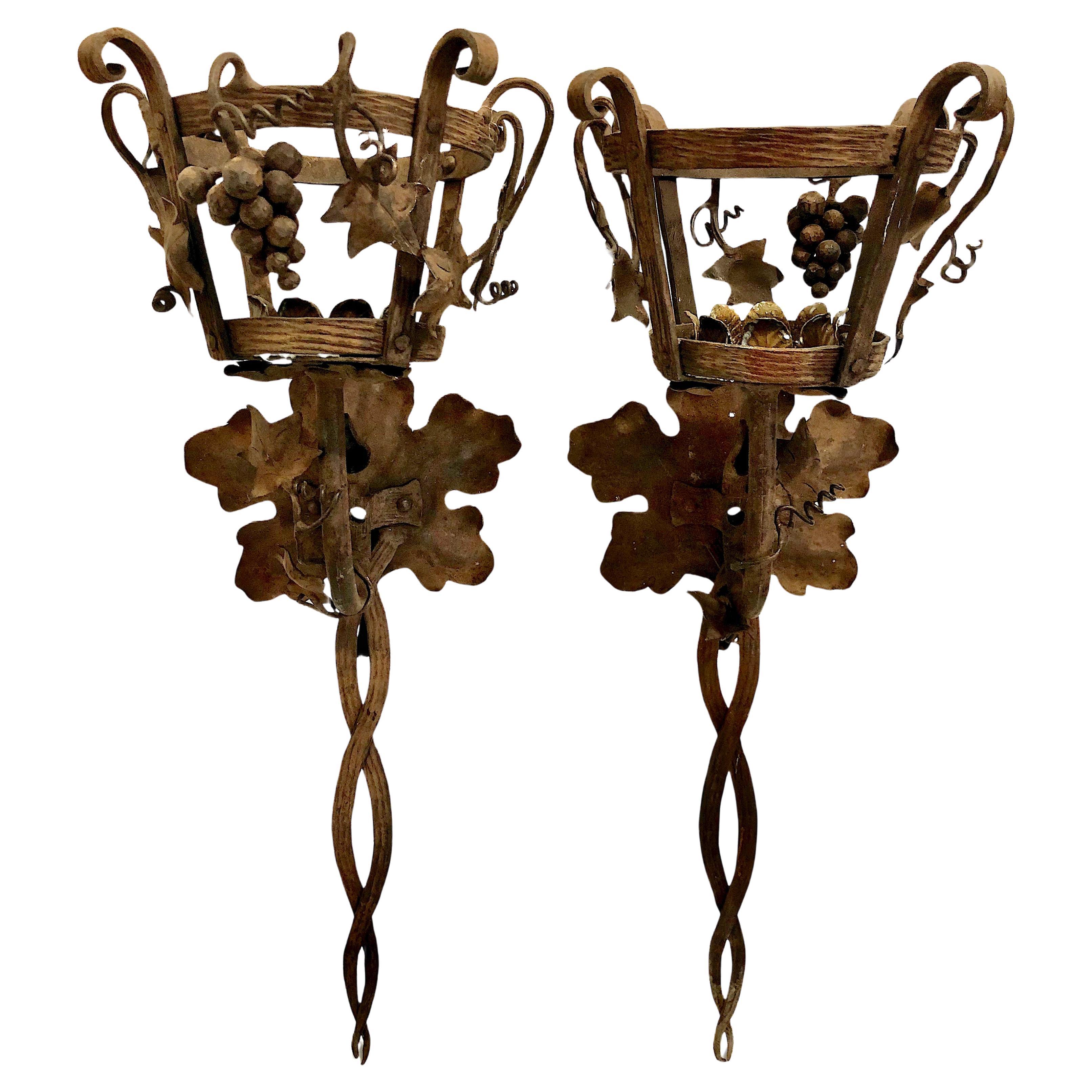Pair of Italian Grape Cluster Wrought Iron Candle Sconces For Sale