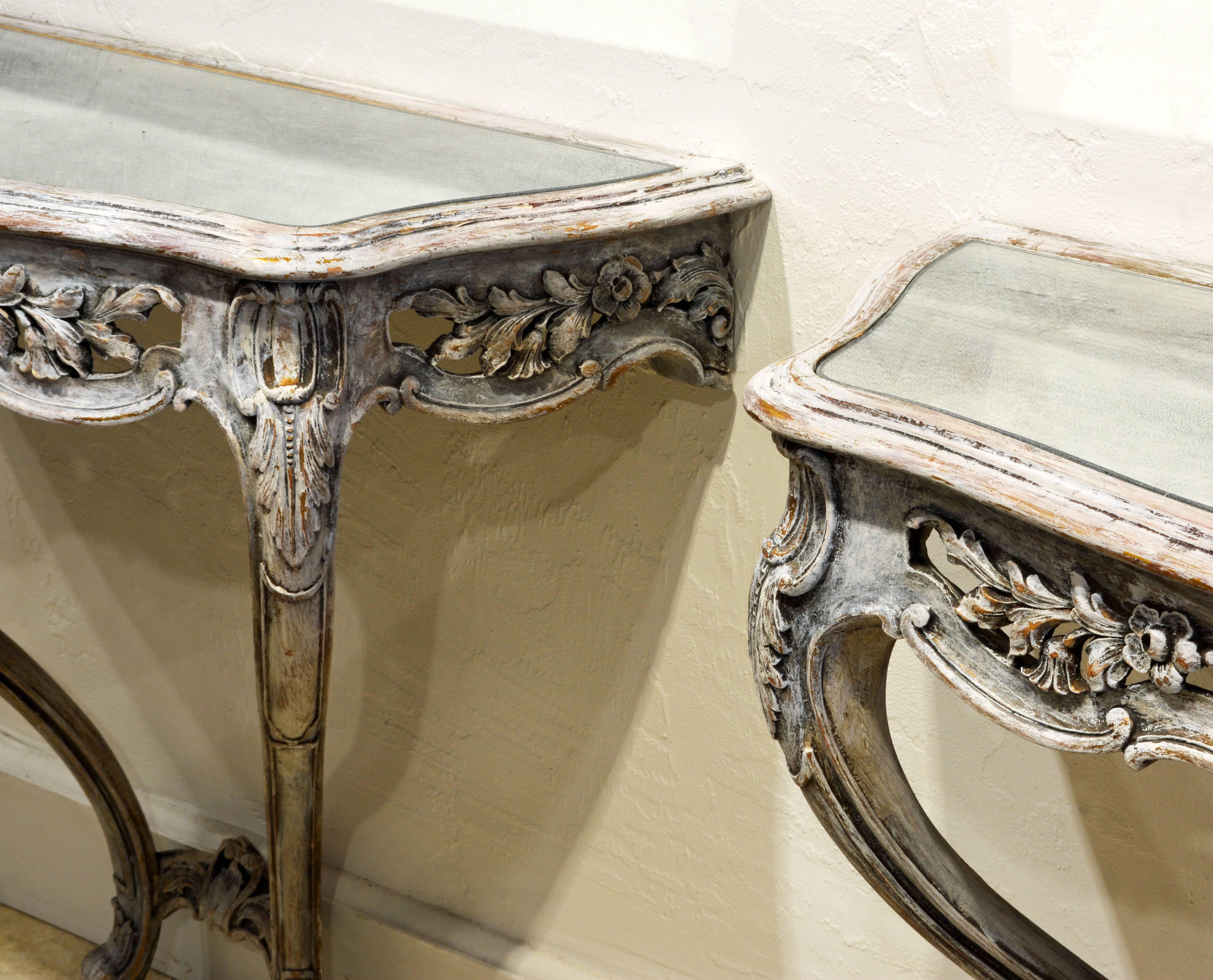 Pair of Italian Gray Painted Carved Rococo Style Mirror Top Console Tables 5