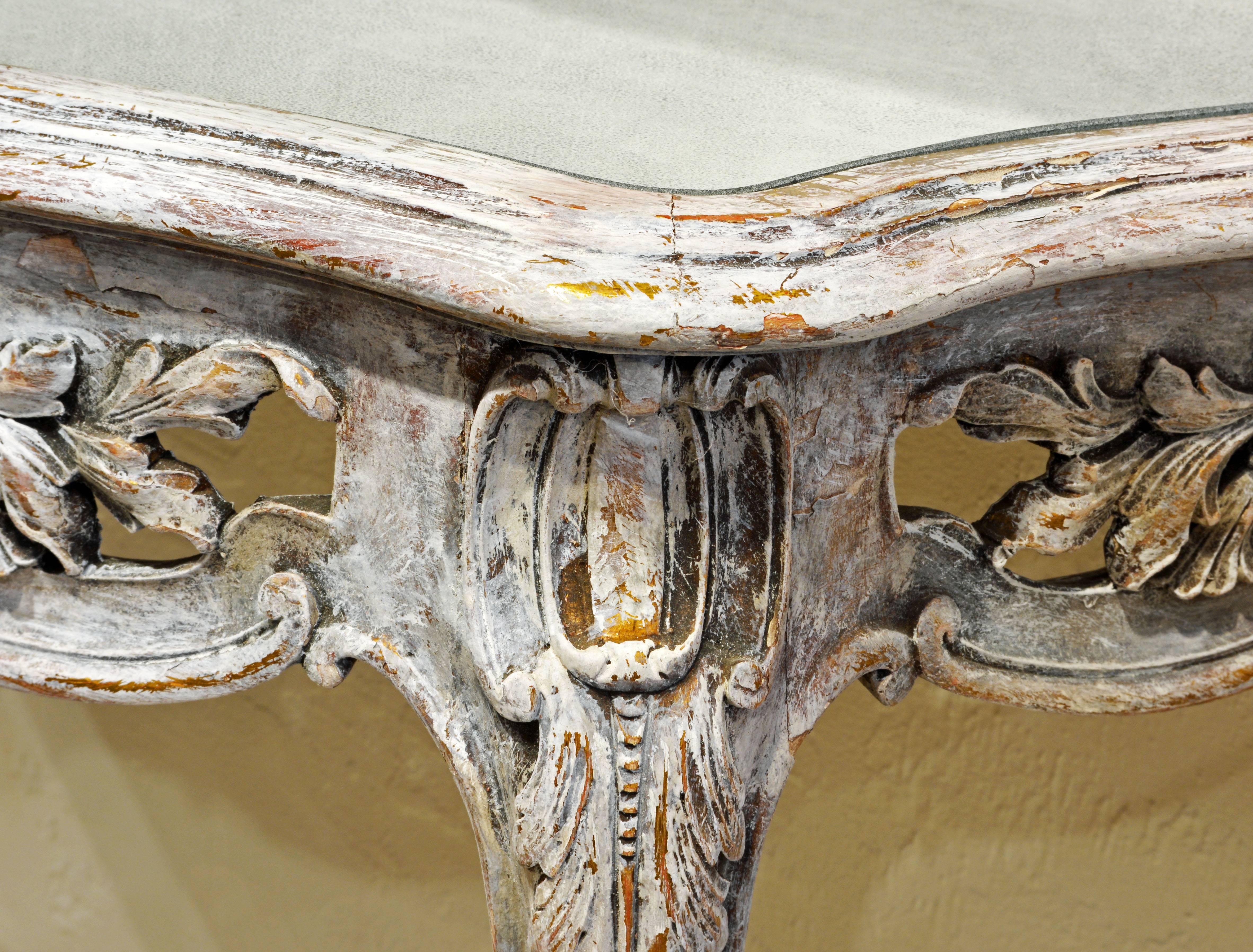 Pair of Italian Gray Painted Carved Rococo Style Mirror Top Console Tables In Good Condition In Ft. Lauderdale, FL