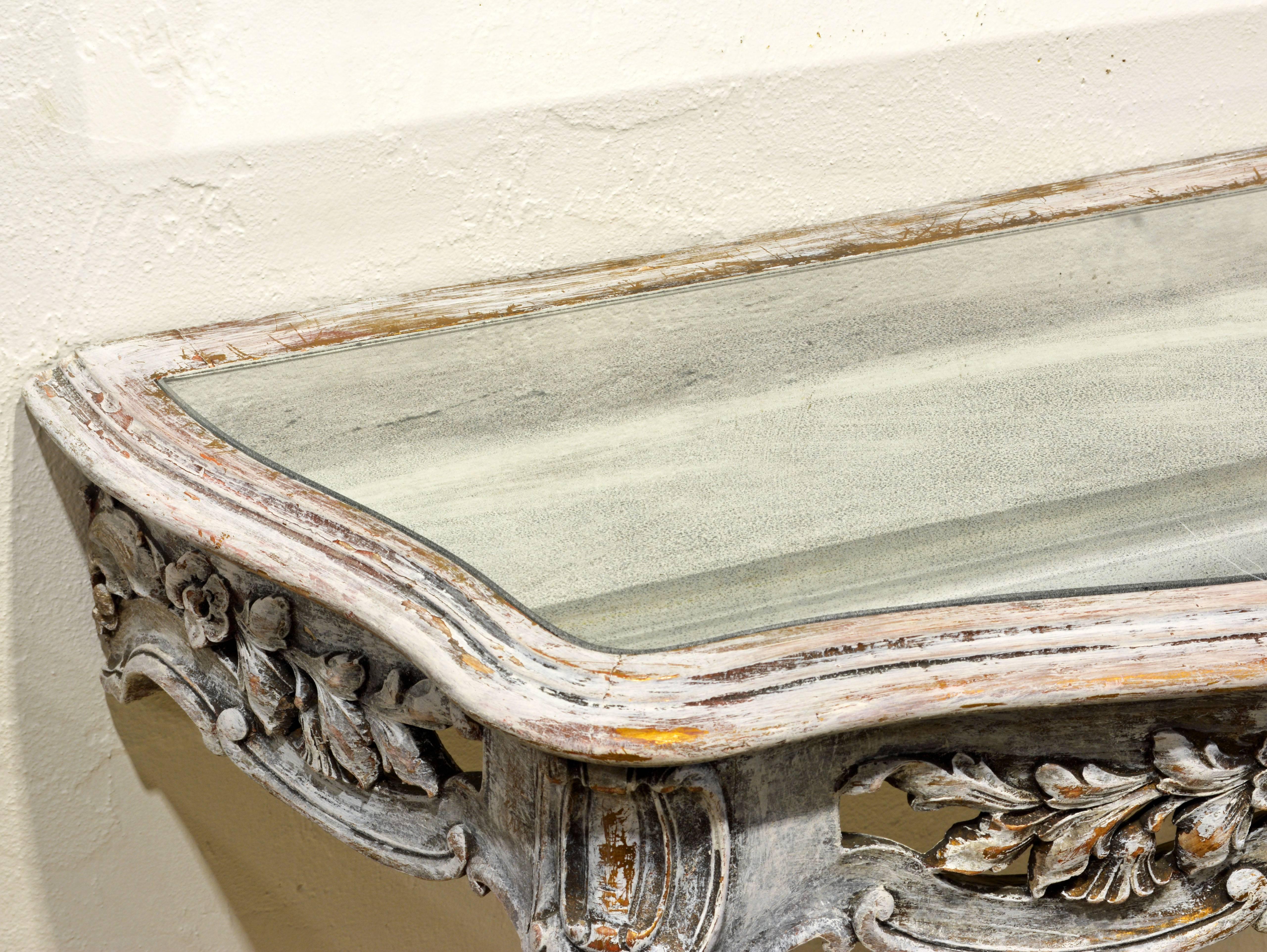Pair of Italian Gray Painted Carved Rococo Style Mirror Top Console Tables 2