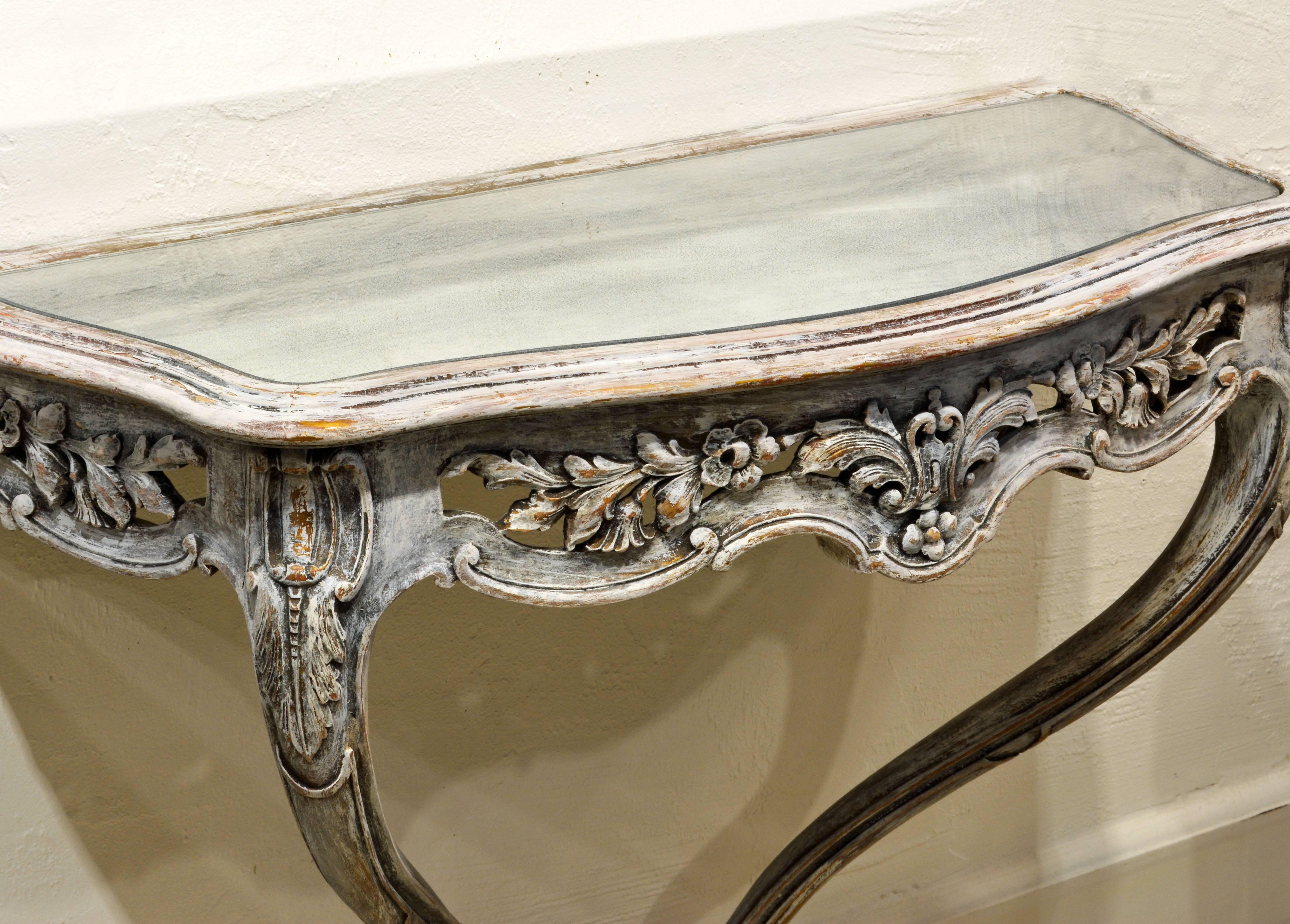 Pair of Italian Gray Painted Carved Rococo Style Mirror Top Console Tables 3