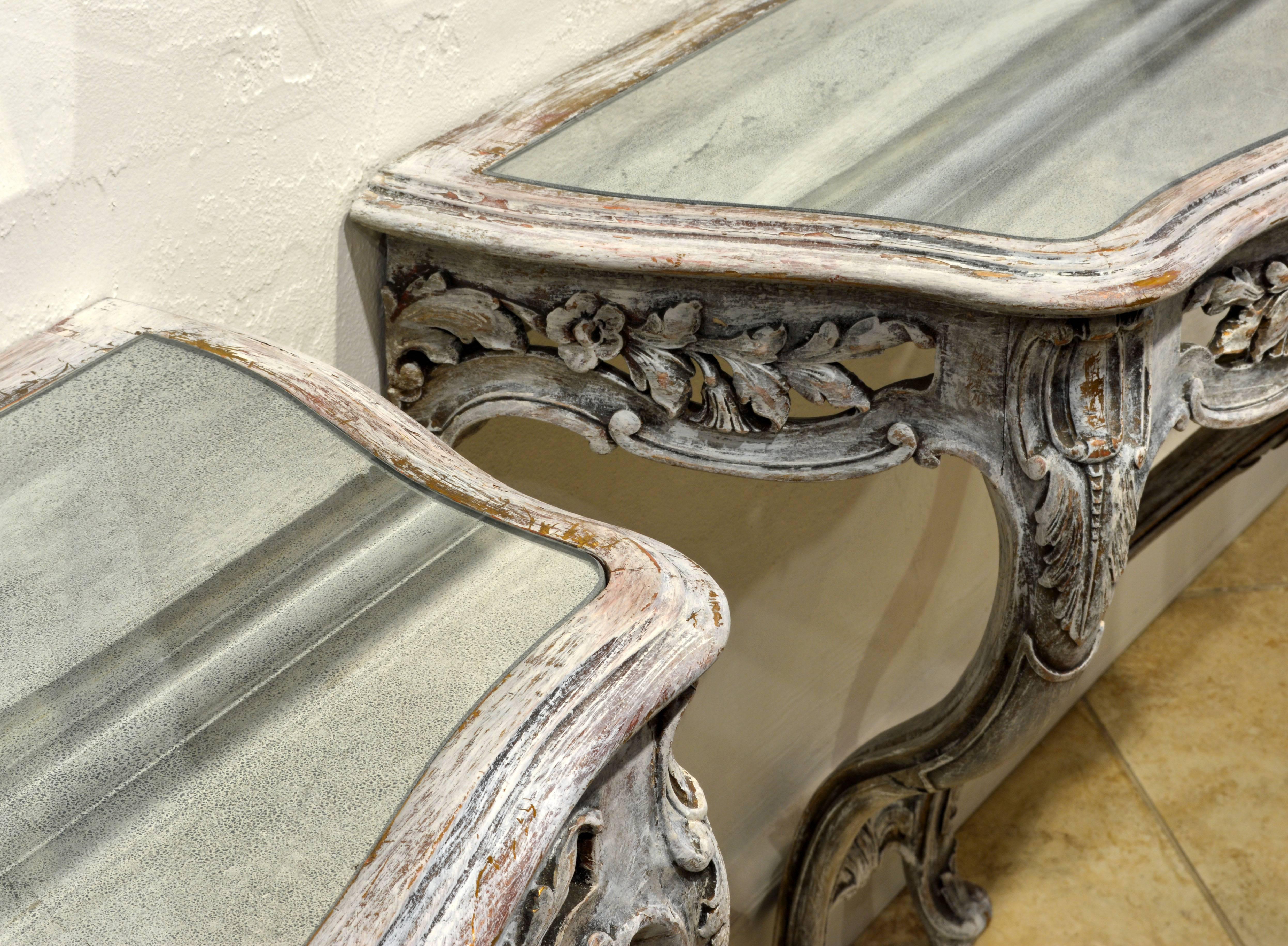 Pair of Italian Gray Painted Carved Rococo Style Mirror Top Console Tables 4