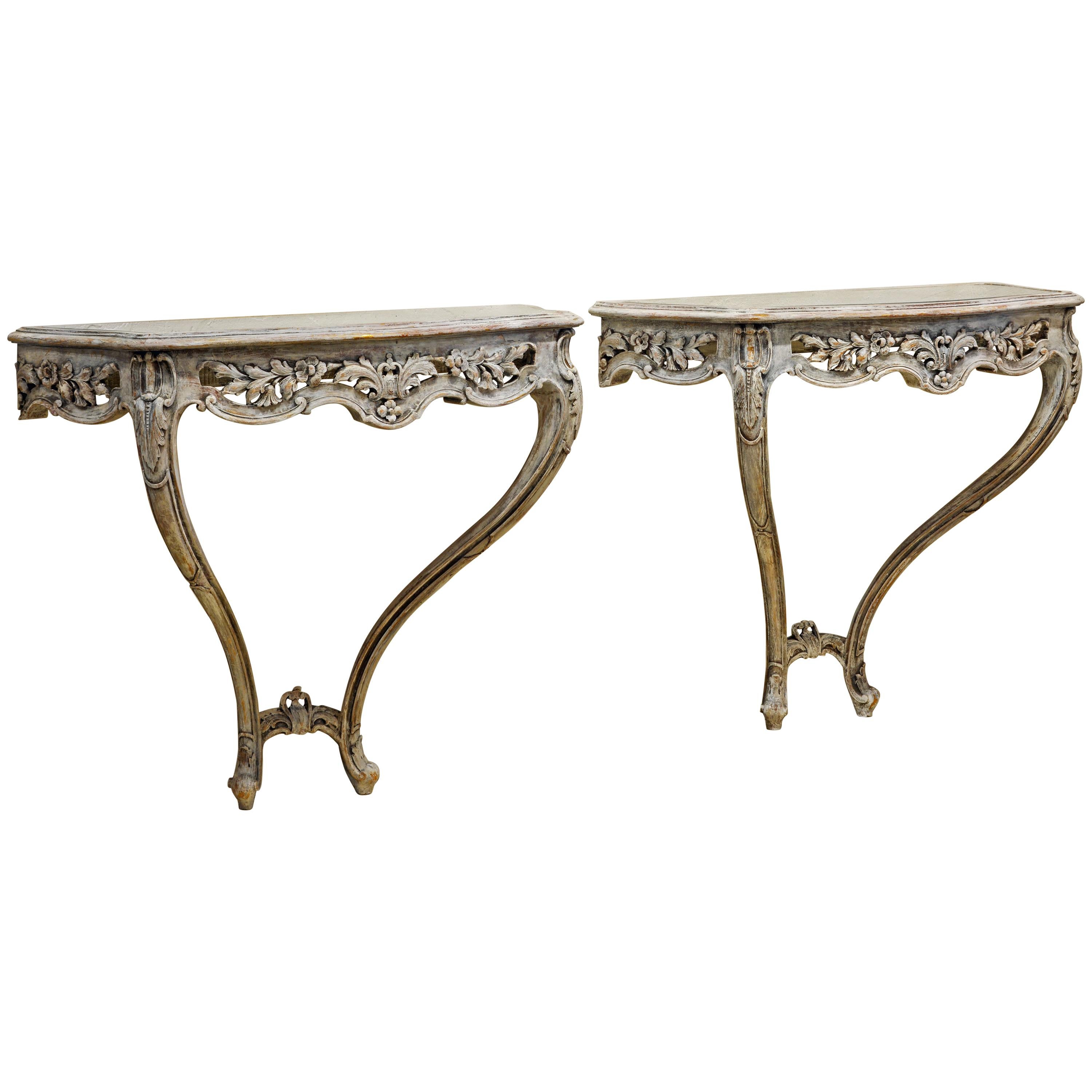 Pair of Italian Gray Painted Carved Rococo Style Mirror Top Console Tables