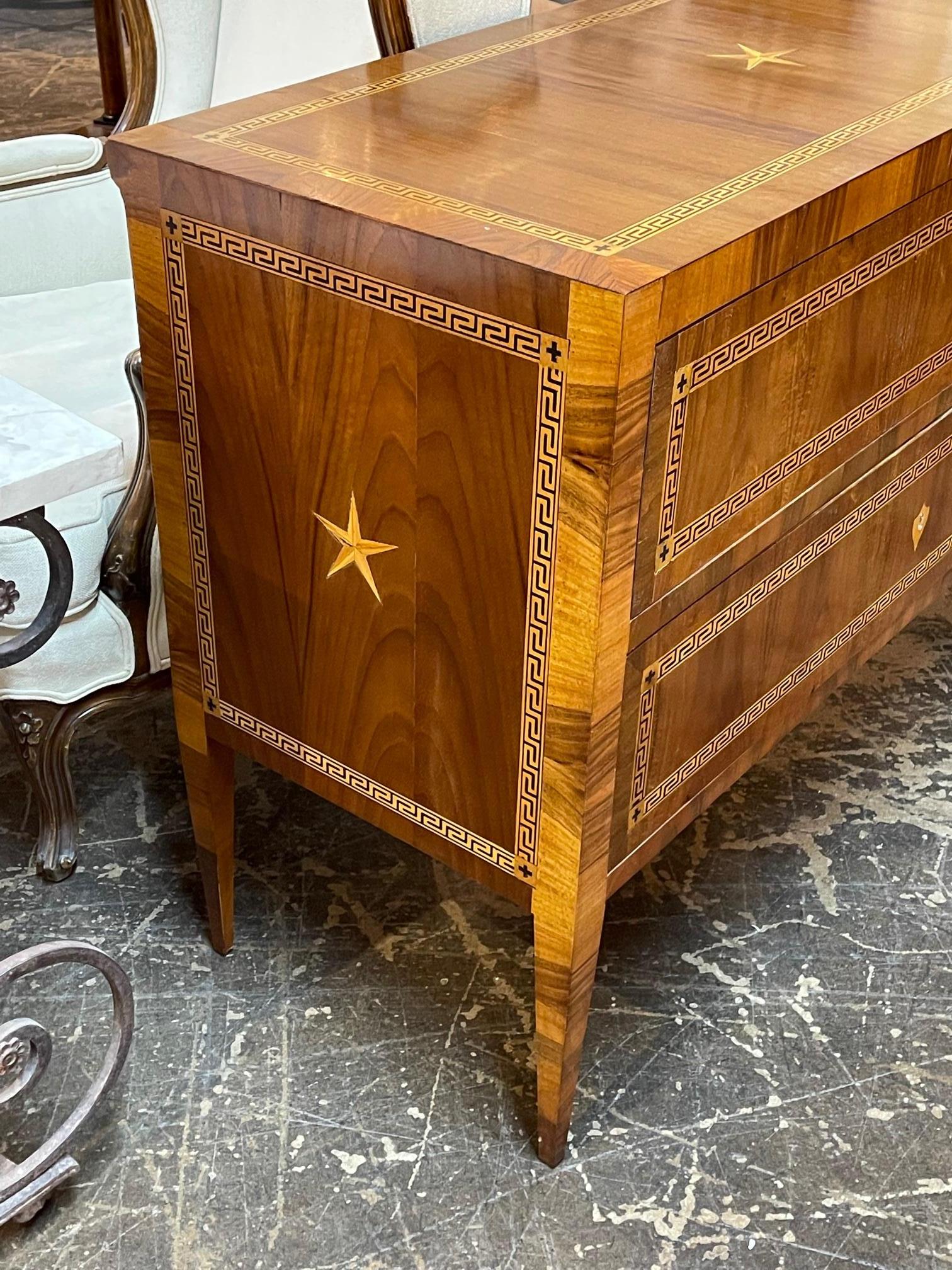 Walnut Pair of Italian Greek Key Commodes