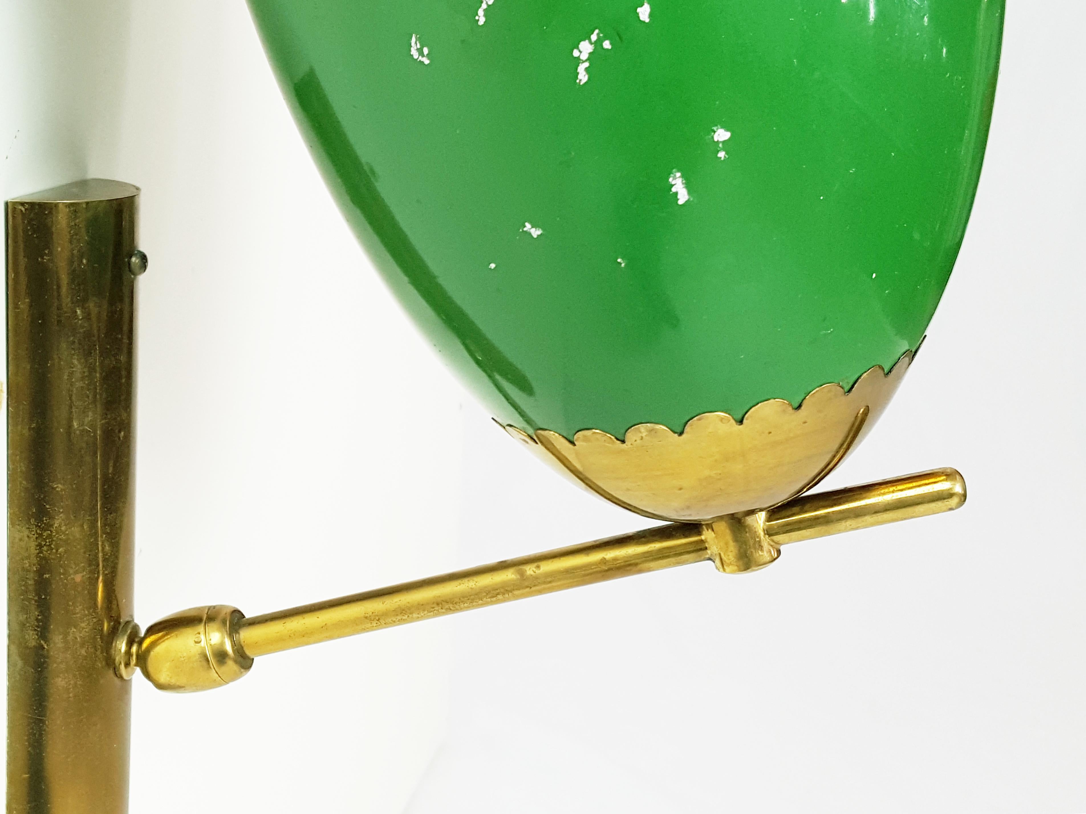 Mid-Century Modern Pair of Italian Green Aluminum and Brass Adjustable 1950s Sconces