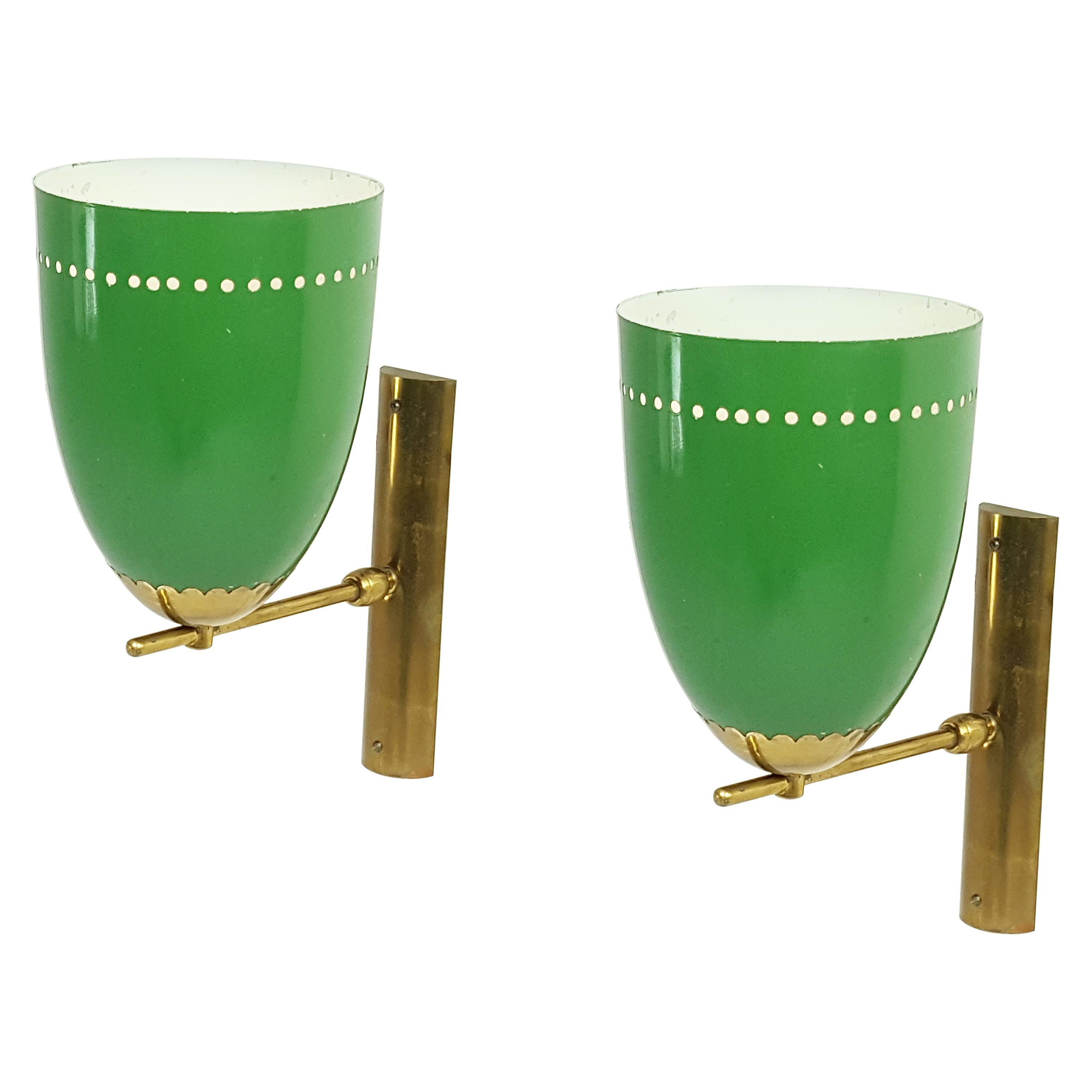 Pair of Italian Green Aluminum and Brass Adjustable 1950s Sconces