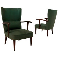 Pair of Italian Green Armchair by Paolo Buffa in Cherrywood and Original Fabric