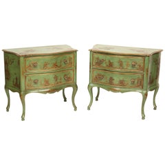 Pair of Italian Green Chinoiserie Decorated Commodes