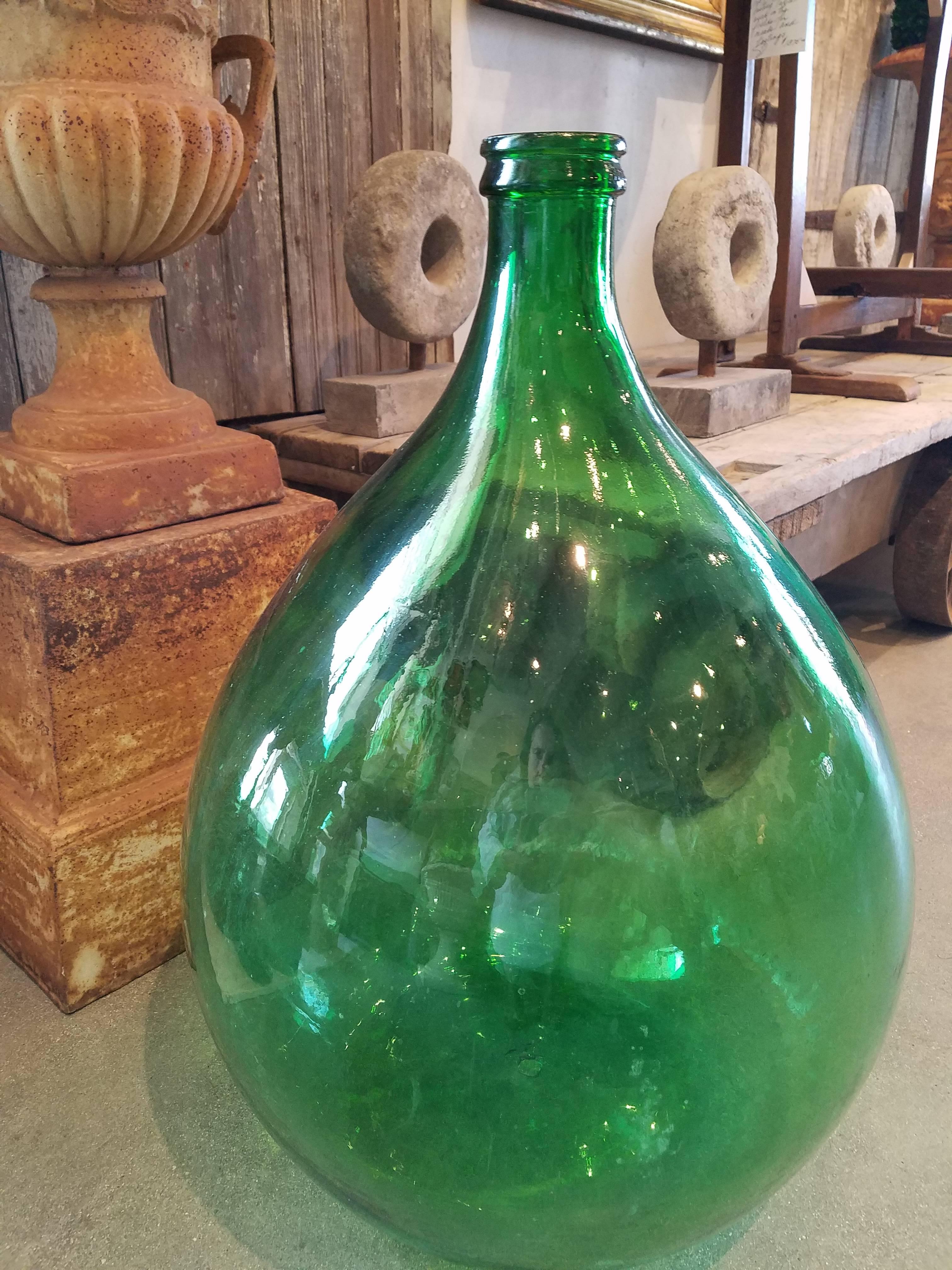 Organic Modern Pair of Italian Green Glass Demijohns For Sale