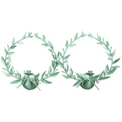Pair of Italian Green Painted Laurel Leaf Candle Wall Sconces