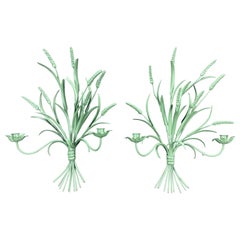 Pair of Italian Green Painted Metal Wheat Candle Wall Sconces