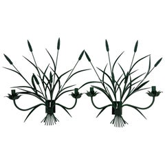 Pair of Italian Green Painted Metal Wheat Wall Sconces