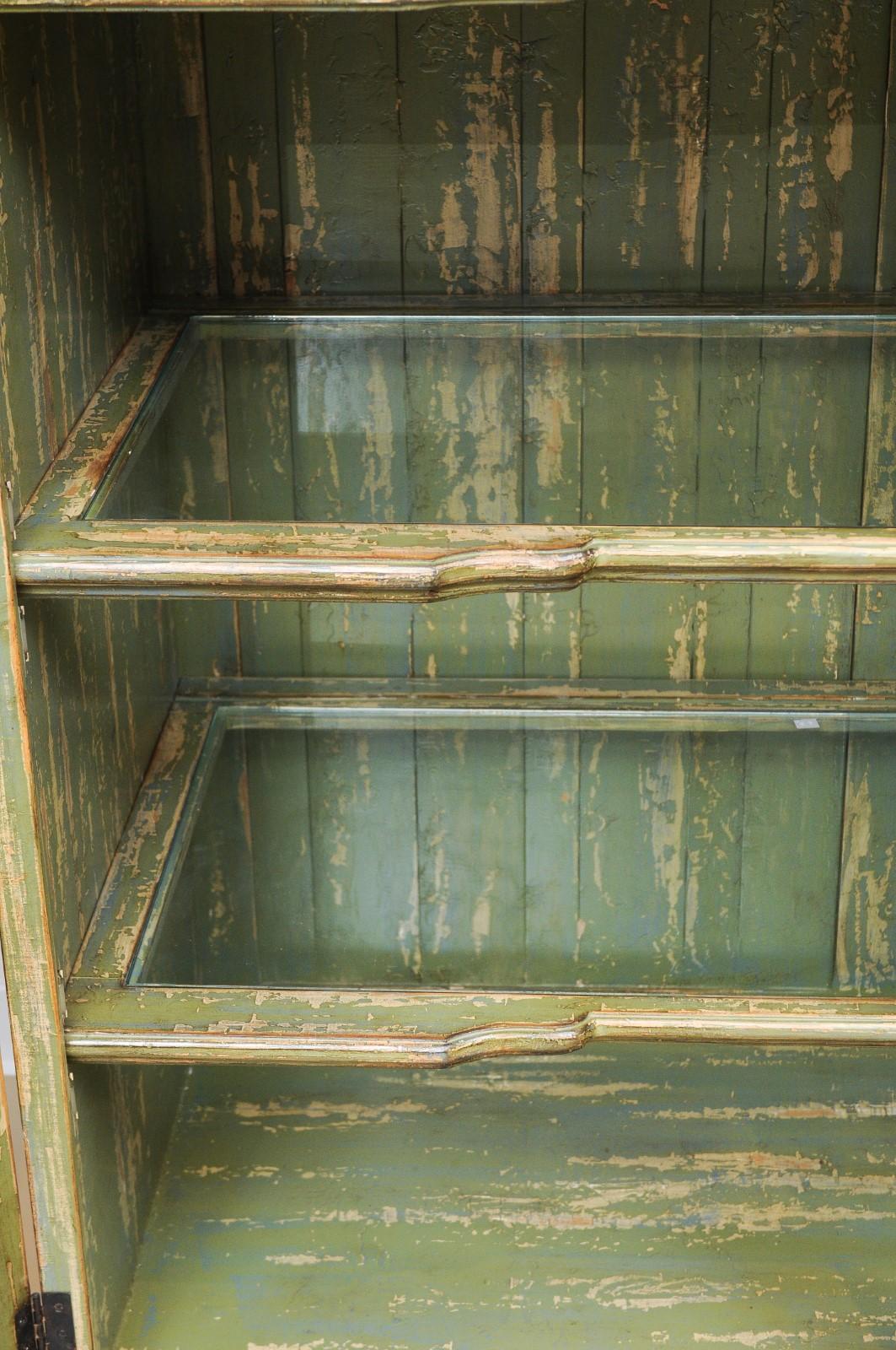 Pair of Italian Green Painted Rococo Style Bookcases In Distressed Condition In Atlanta, GA