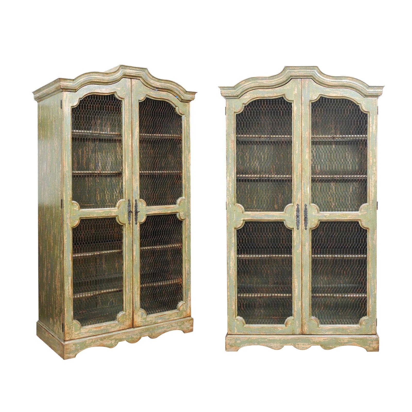 Pair of Italian Green Painted Rococo Style Bookcases