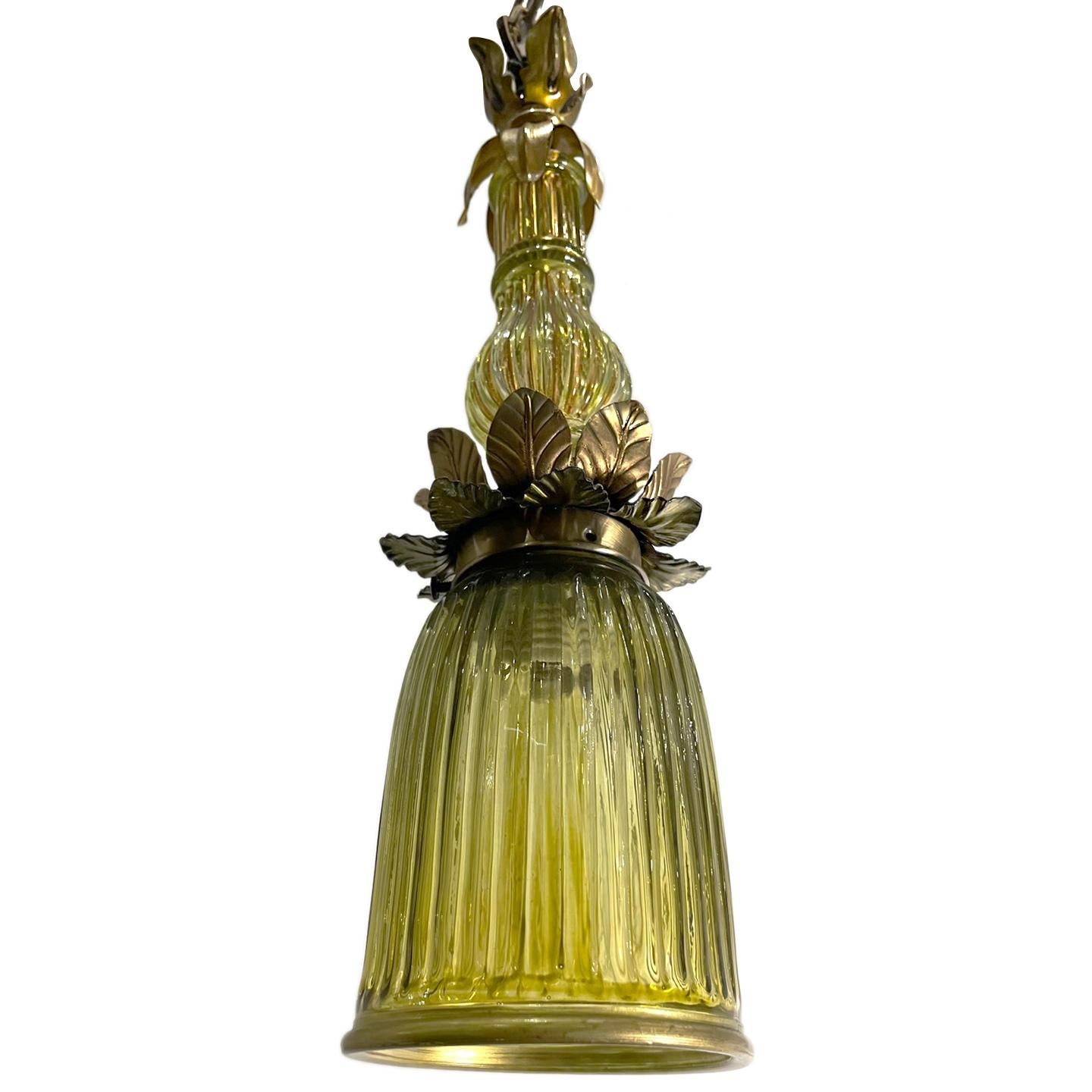 Pair of 1950s Italian gilt metal and olive green light fixtures. Single light. Sold individually.

Measurements:
Drop:17