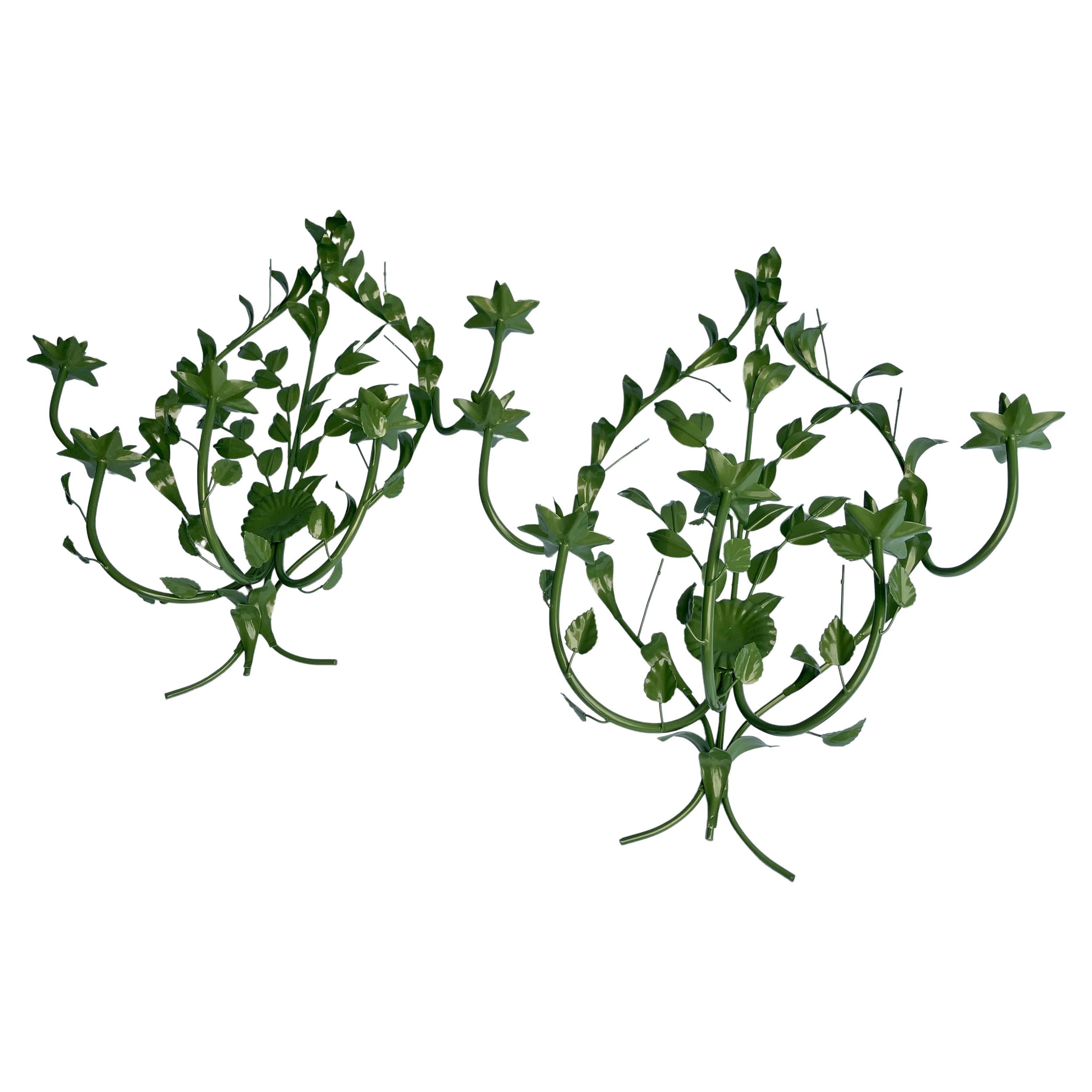 Pair of Italian Green Powder Coated Floral Wall Sconces Mid-Century Modern For Sale