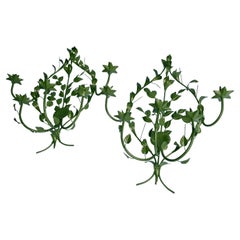 Pair of Italian Green Powder Coated Floral Wall Sconces Mid-Century Modern