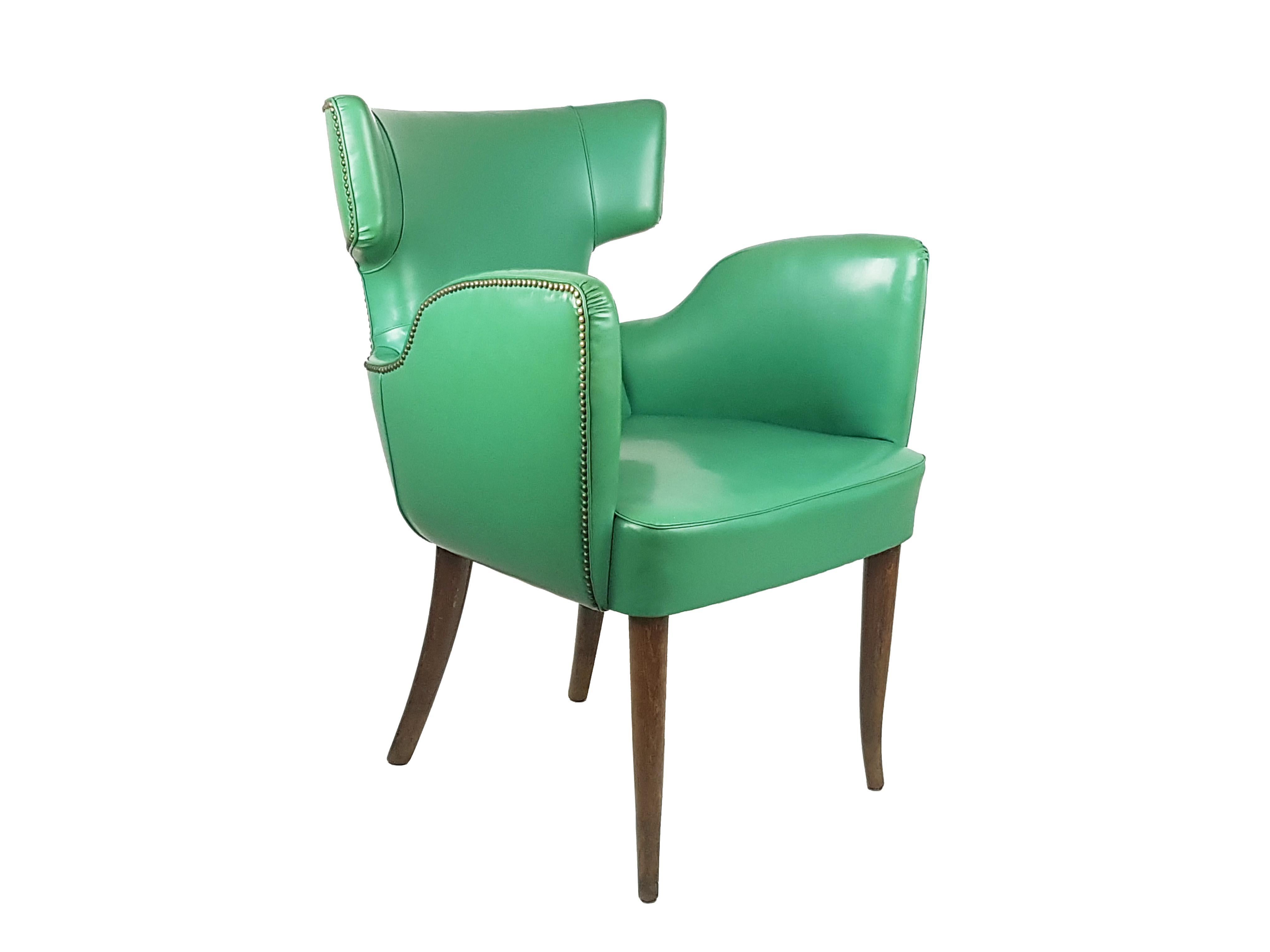 Pair of Italian Green Skai & Wood '50s Armchairs in the Style of Melchiorre Bega For Sale 12