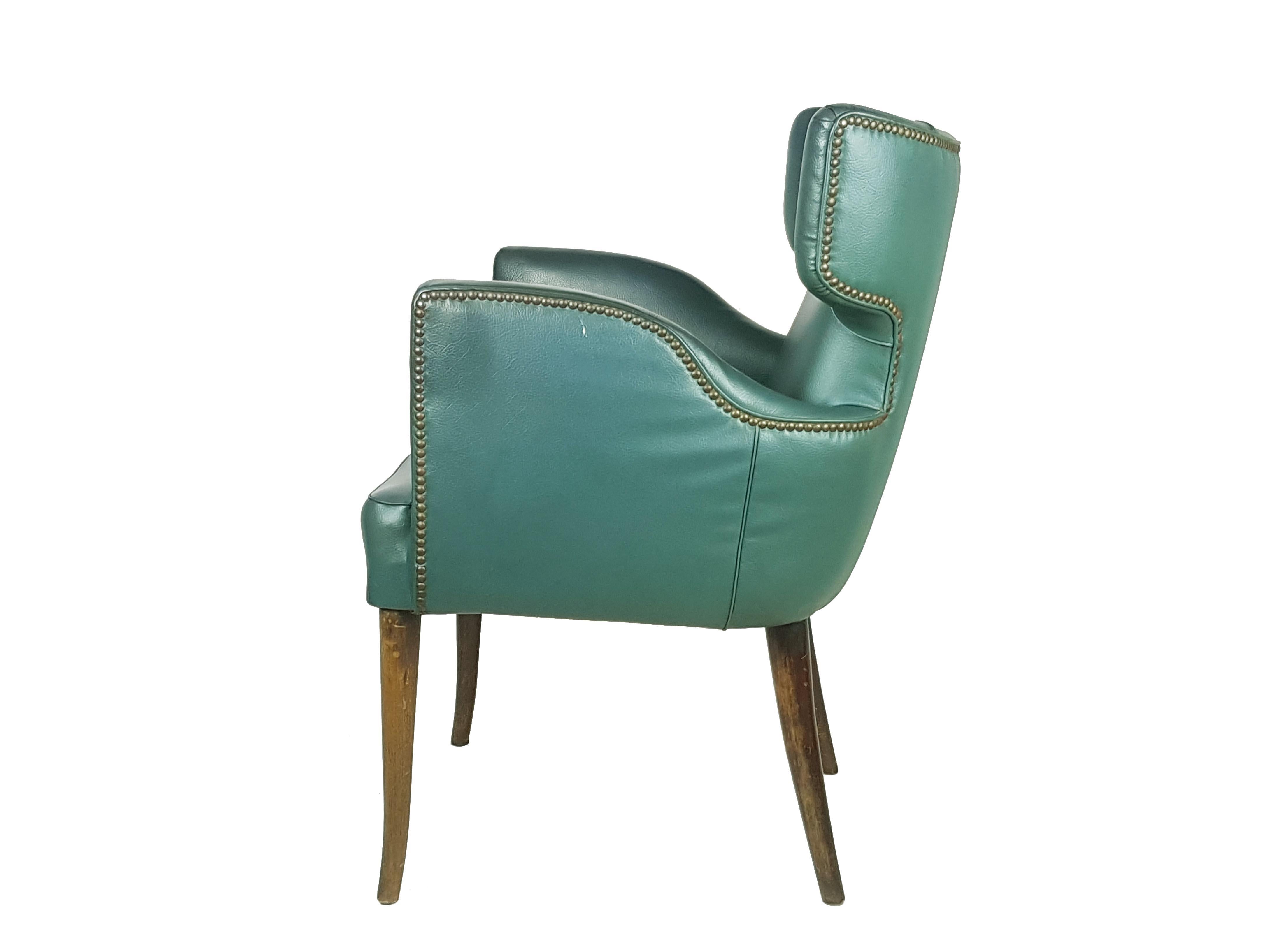 Faux Leather Pair of Italian Green Skai & Wood '50s Armchairs in the Style of Melchiorre Bega For Sale