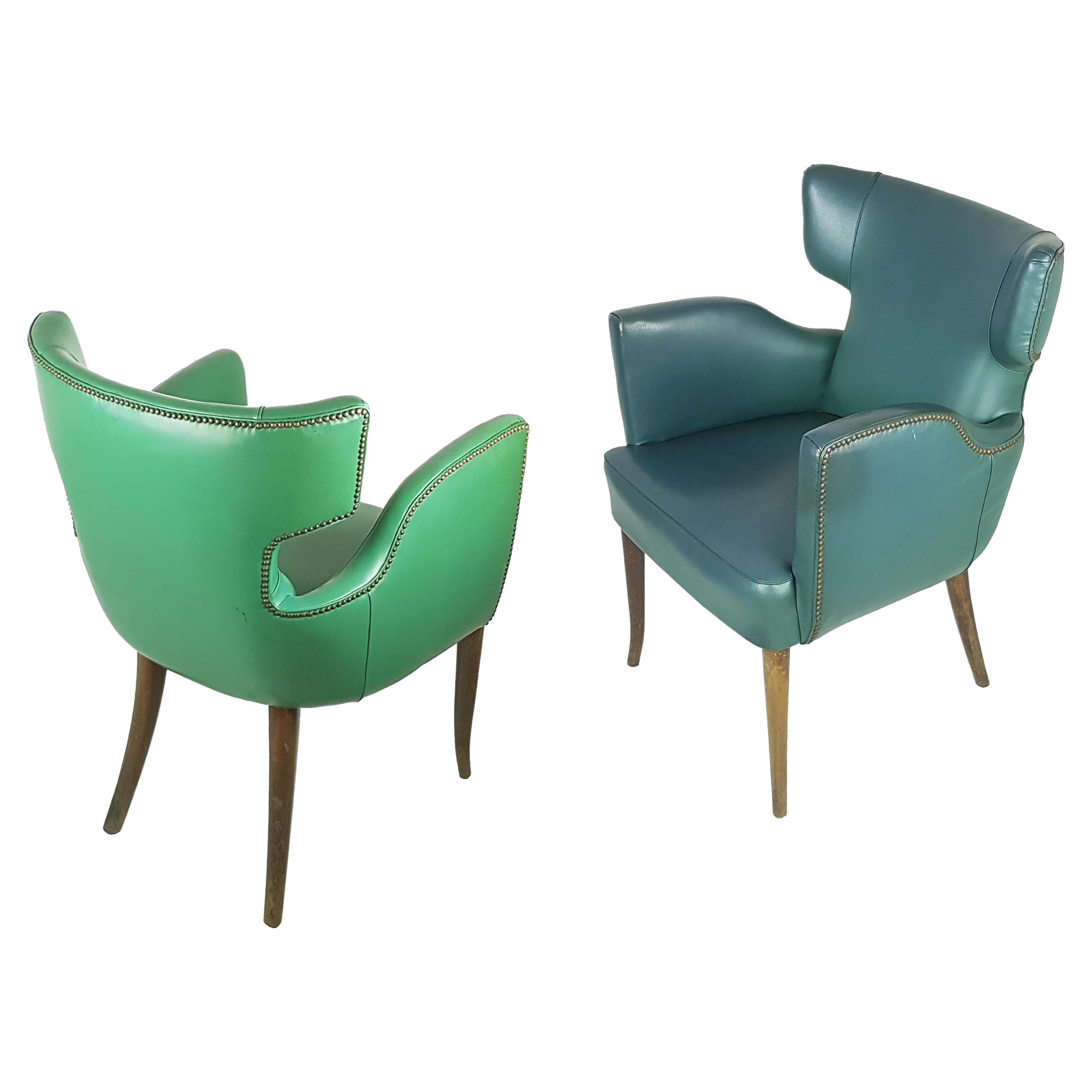 Pair of Italian Green Skai & Wood '50s Armchairs in the Style of Melchiorre Bega