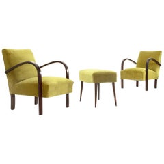 Pair of Italian Green Velvet Armchairs and Pouf, 1930s