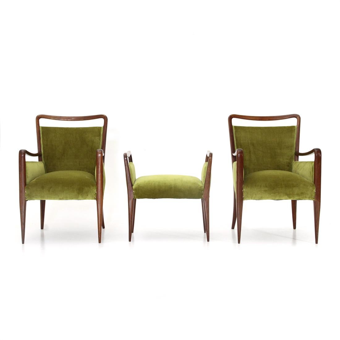 Mid-Century Modern Pair of Italian Green Velvet Armchairs with Pouf, 1940s
