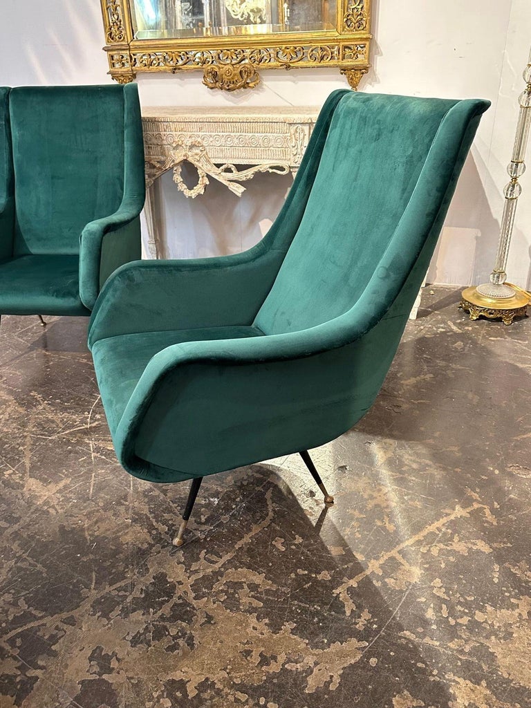 Pair of Italian Green Velvet MidCentury Modern Chairs For Sale at 1stDibs