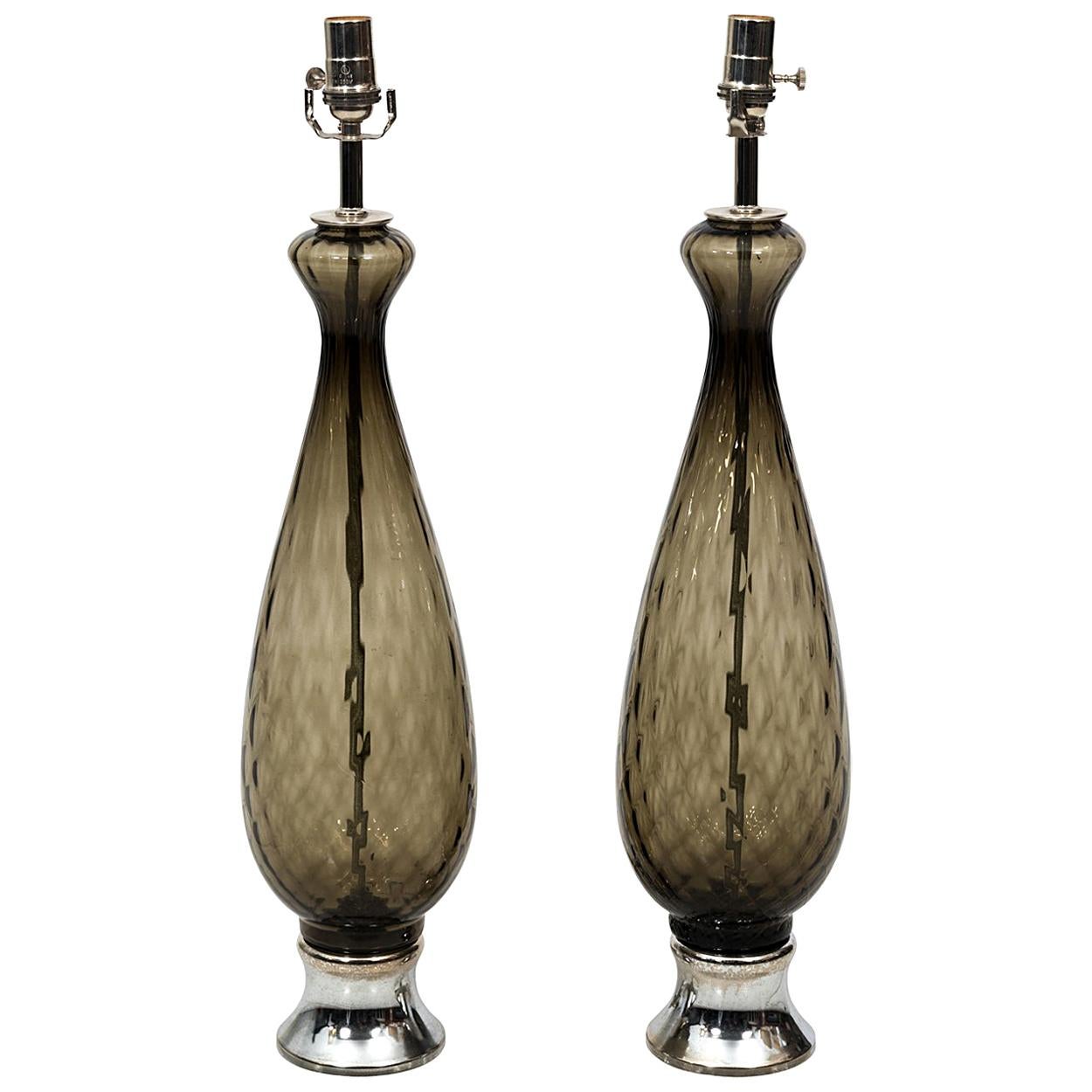 Pair of Italian Grey Glass Table Lamps, circa 1960s For Sale