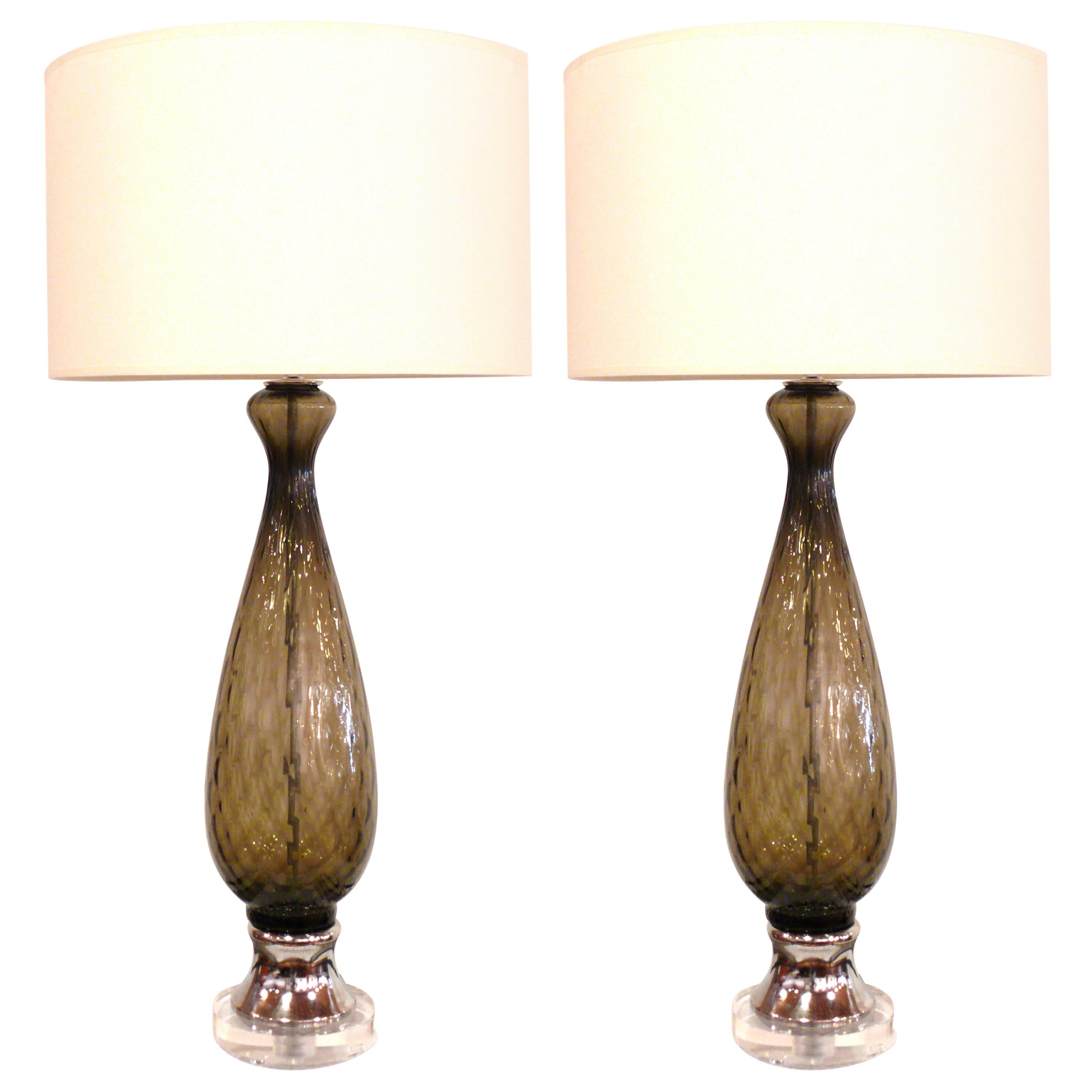 Pair of Italian Grey Glass Table Lamps