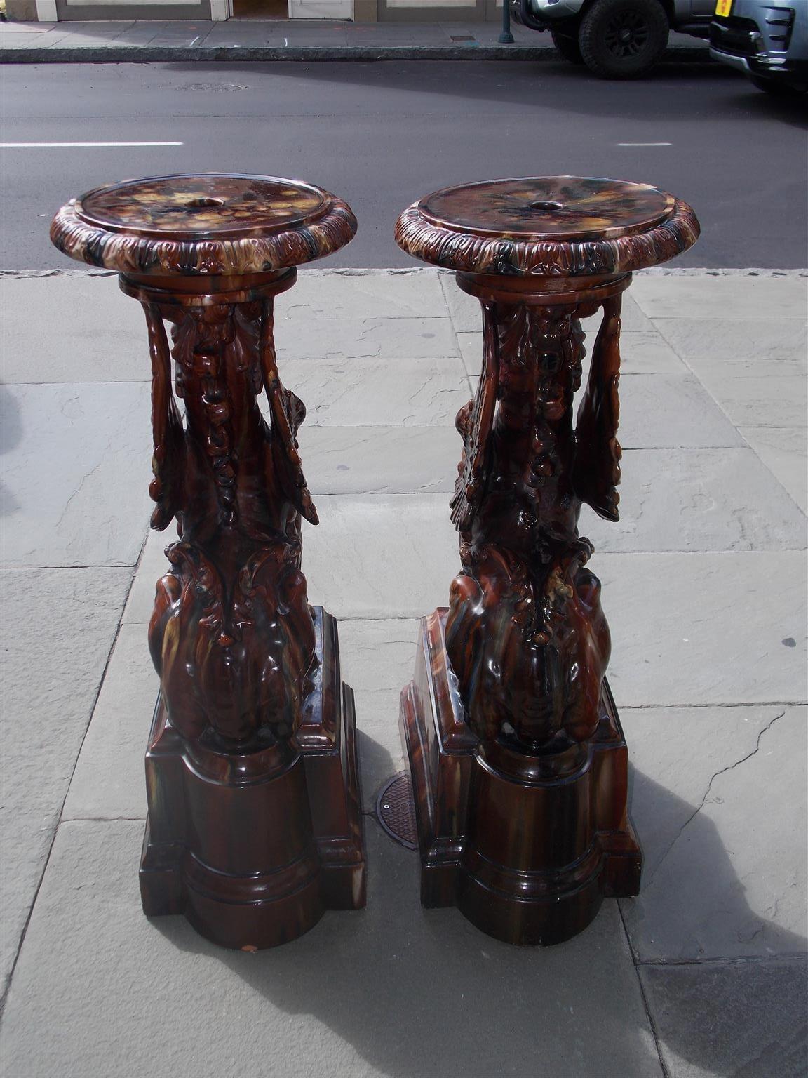 Pair of Italian Griffon Majolica Terracotta Pedestals on Plinths. Circa 1850 For Sale 5