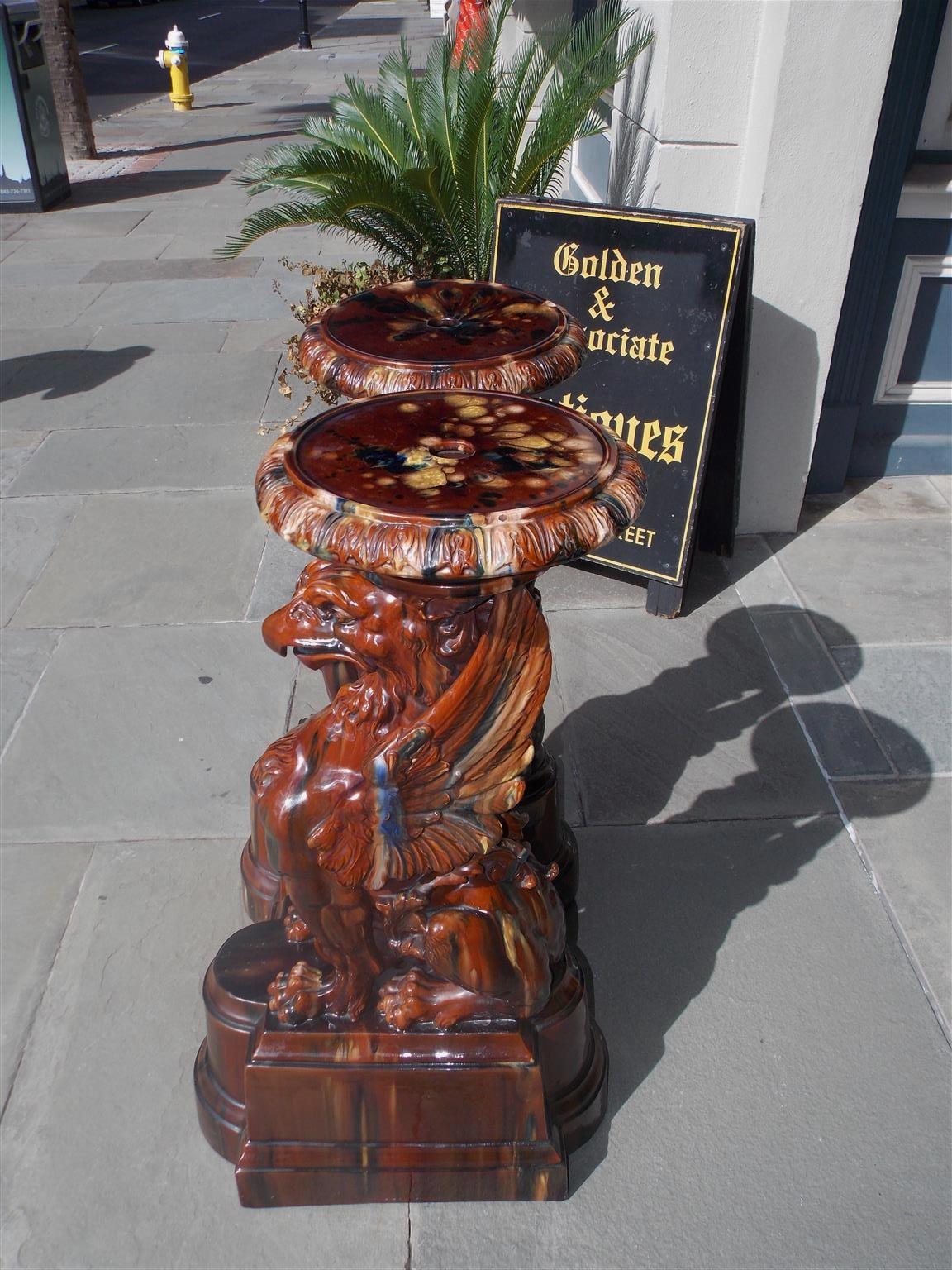 Pair of Italian Griffon Majolica Terracotta Pedestals on Plinths. Circa 1850 In Good Condition For Sale In Hollywood, SC