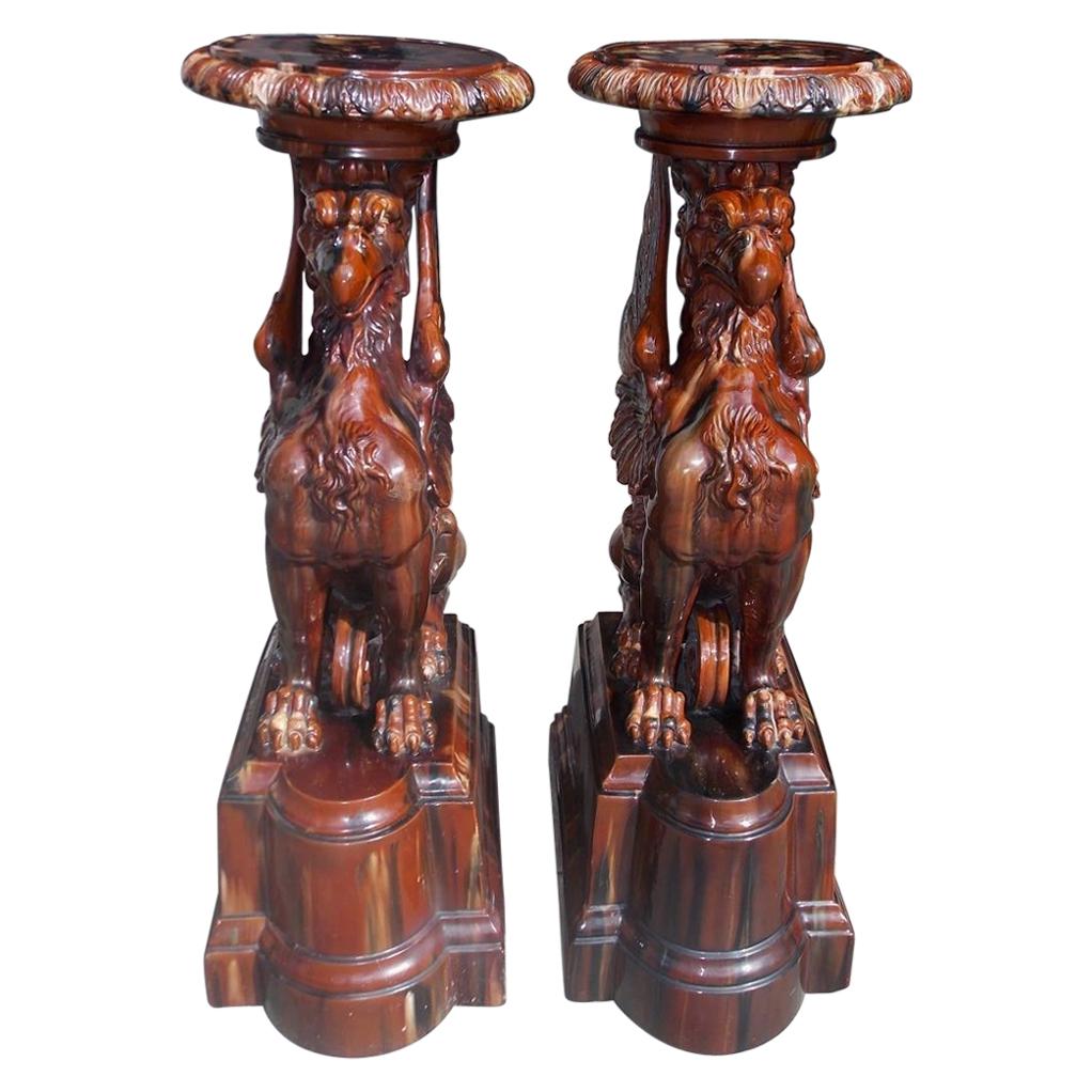 Pair of Italian Griffon Majolica Terracotta Pedestals on Plinths. Circa 1850 For Sale