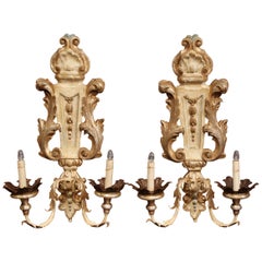 Pair of Italian Hand-Carved and Metal Polychrome Painted Two-Light Wall Sconces