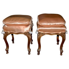 Pair of Italian Hand Carved and Silk Upholstered Ottomans, circa 1950s