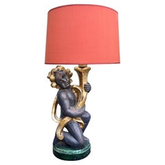 Pair of Italian Hand-Carved Cherub Lamps in Gilded Wood, circa 1940
