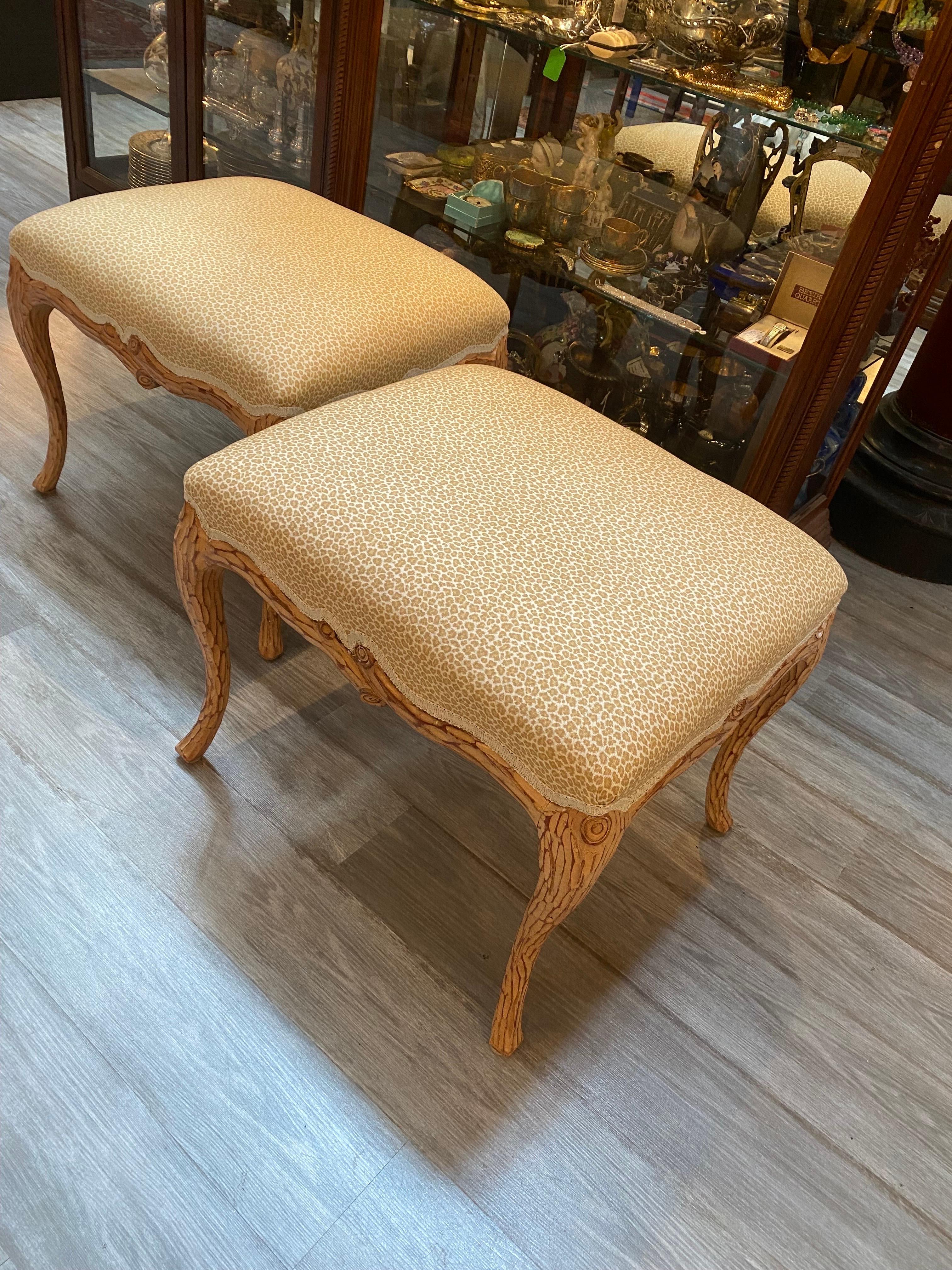Hand-Carved Pair of Italian Hand Carved Faux Bois Ottomans For Sale
