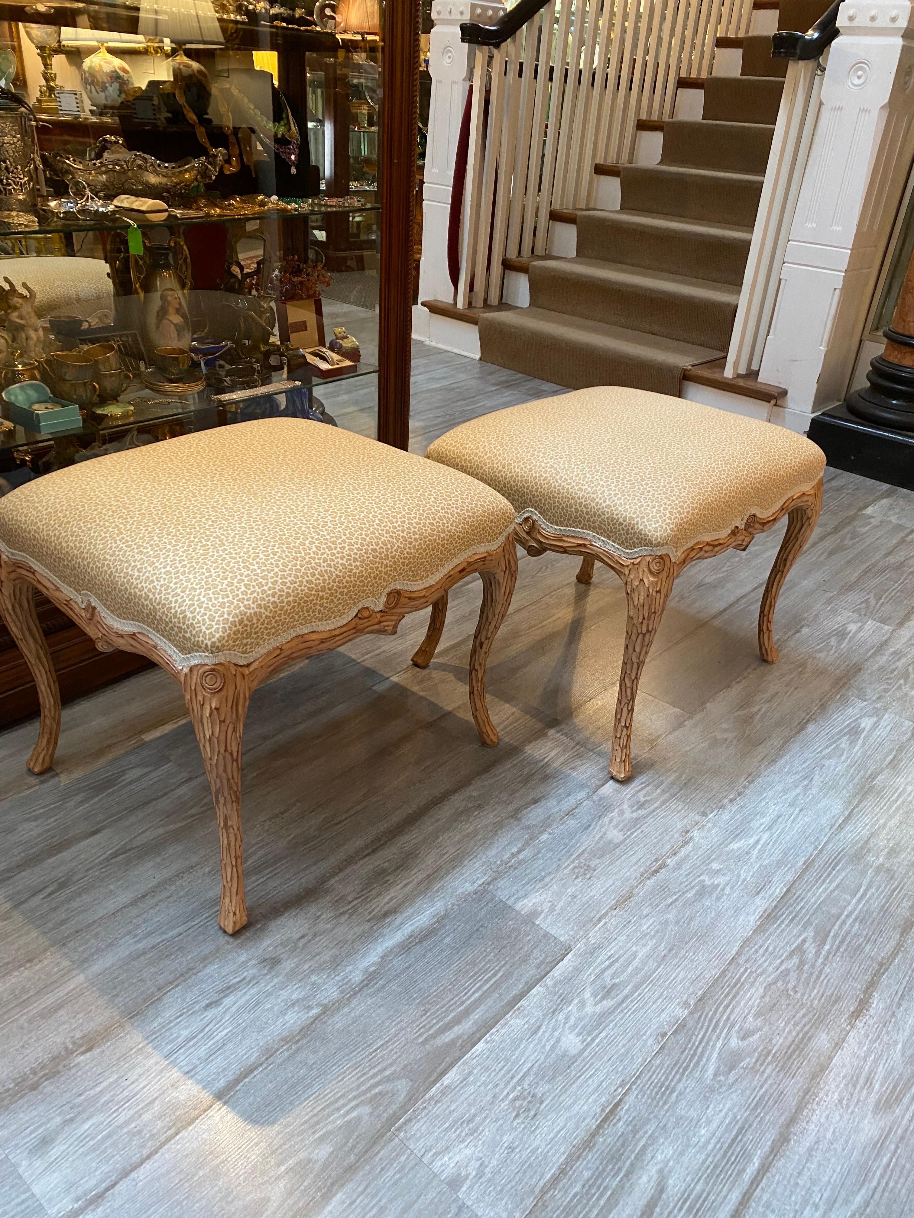 Hardwood Pair of Italian Hand Carved Faux Bois Ottomans For Sale
