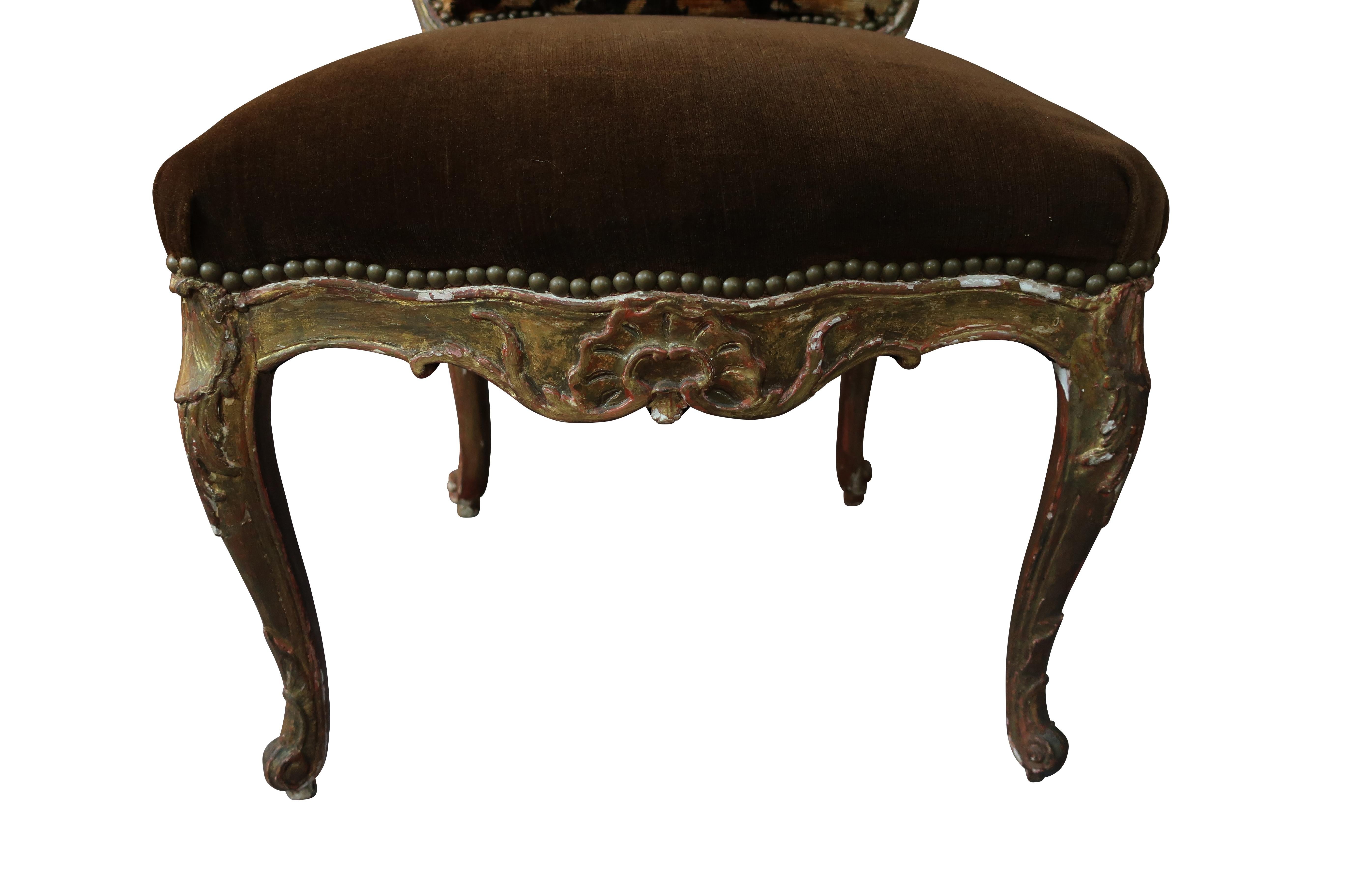 Italian Hand Carved Florentine Gilt Chairs with Original Animal Print Fabric In Fair Condition In Essex, MA