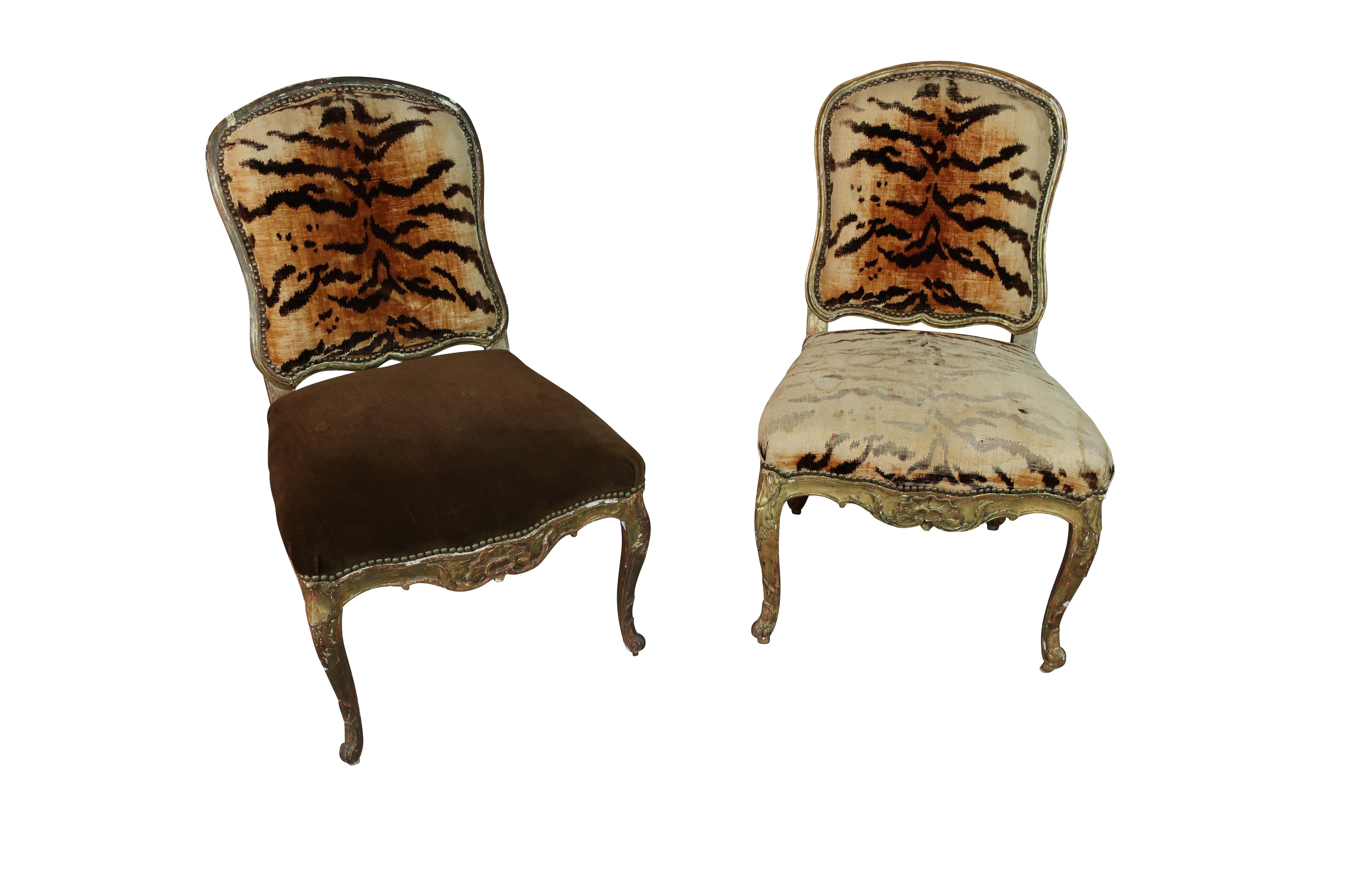 19th Century Italian Hand Carved Florentine Gilt Chairs with Original Animal Print Fabric