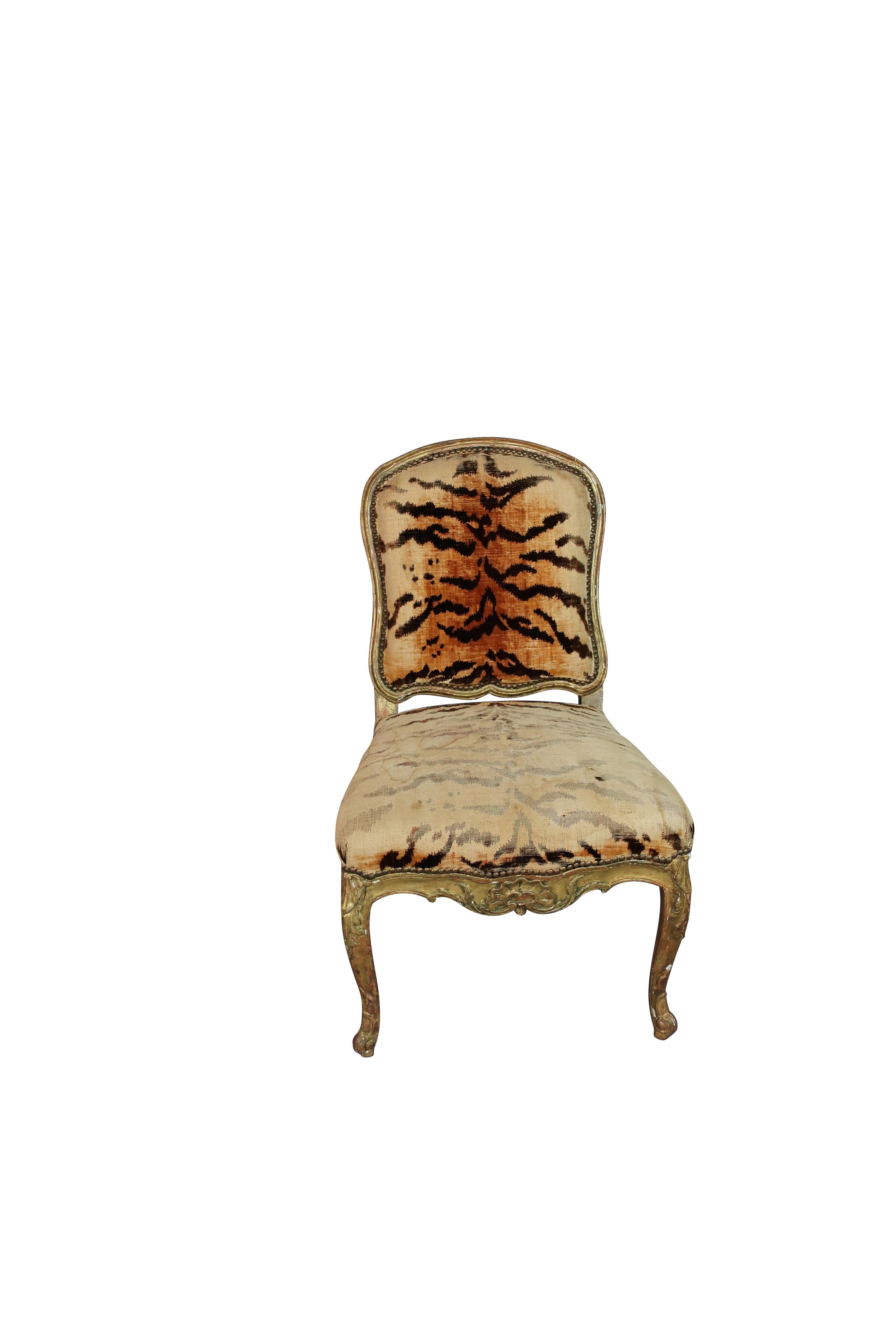 Wood Italian Hand Carved Florentine Gilt Chairs with Original Animal Print Fabric